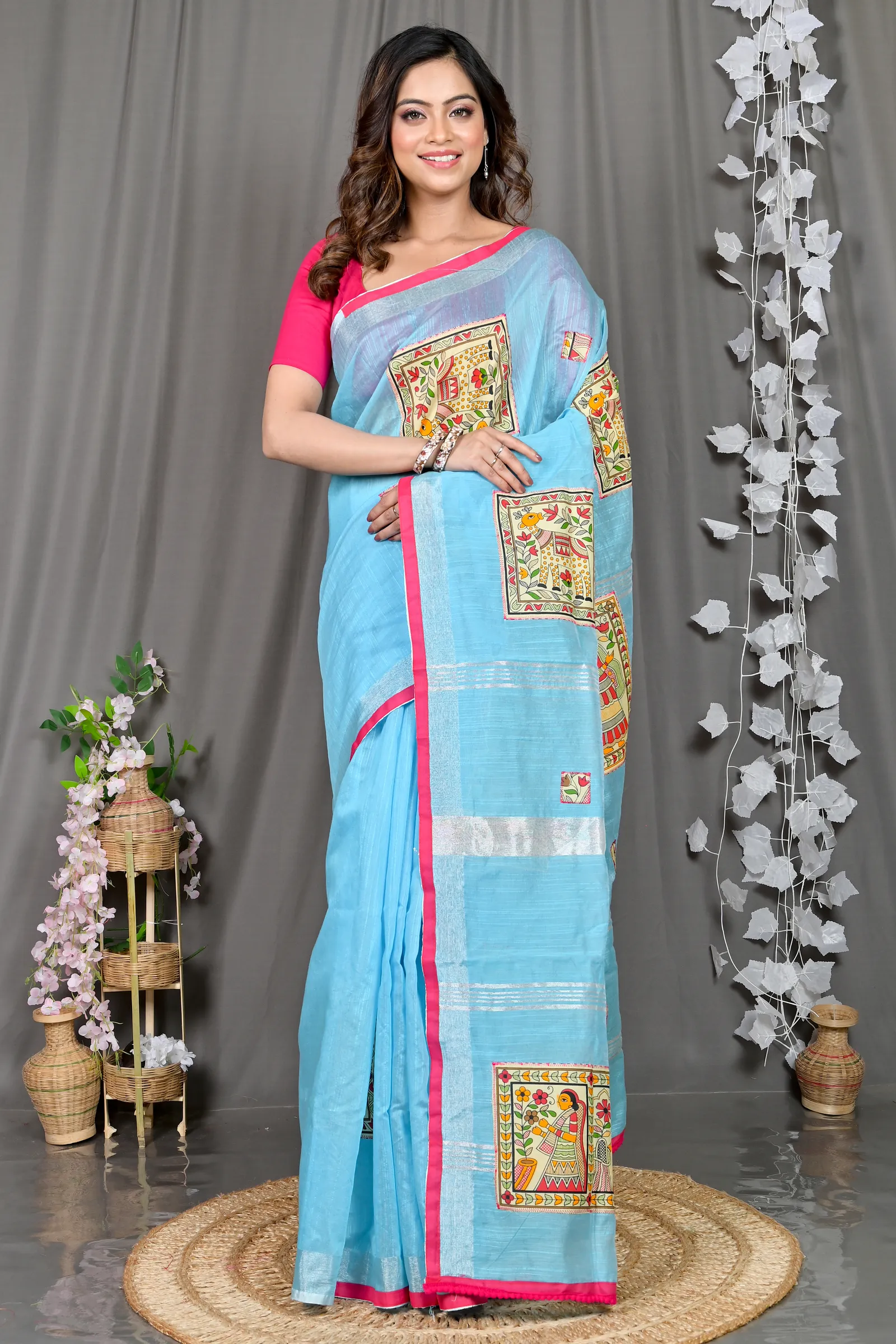DipDiya Cotton Blended Sky Blue Parija Regal Bengali Applique Sarees