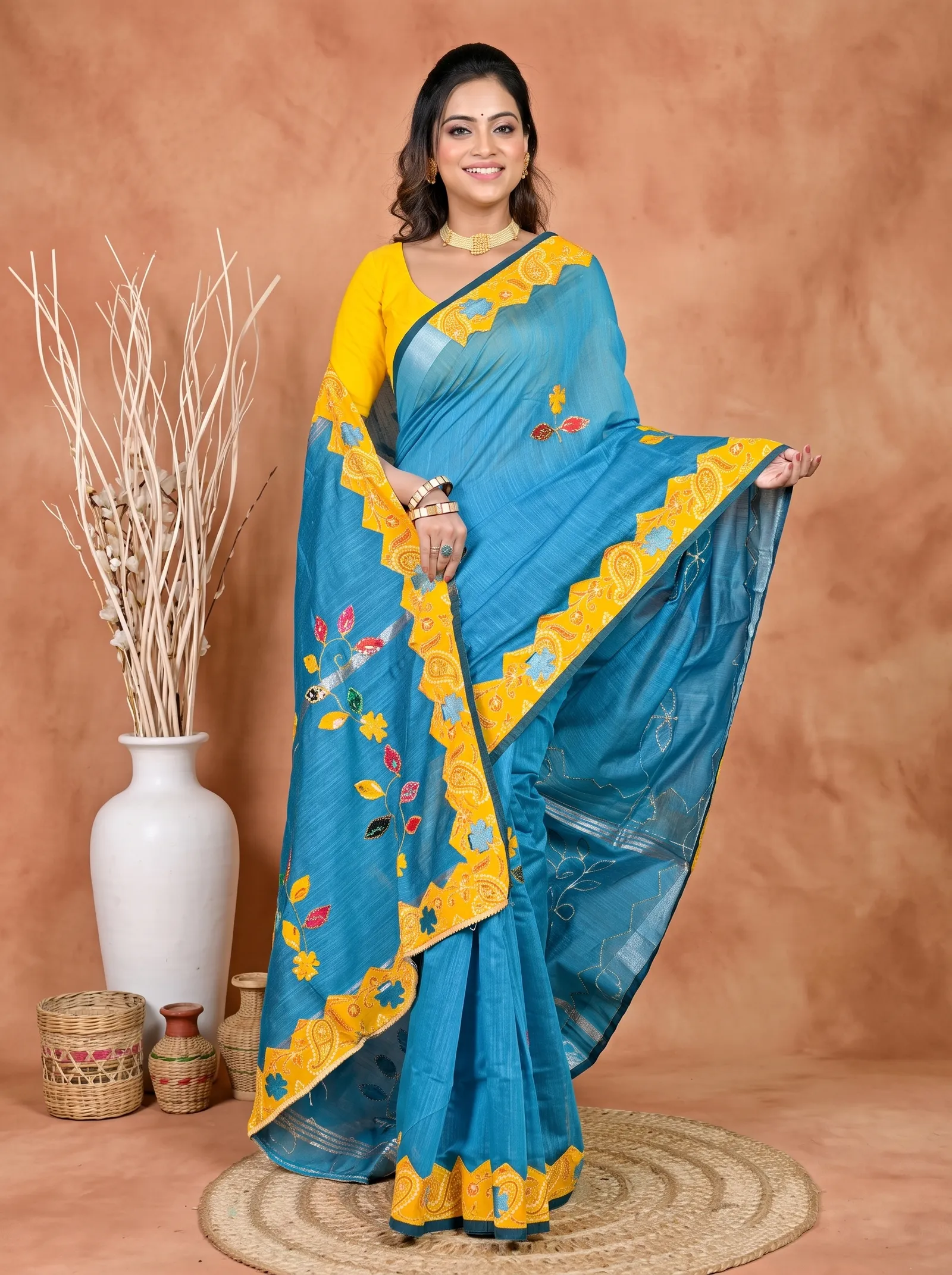 DipDiya Cotton Blended Sky Blue Parik Timeless Bengal Applique Sarees