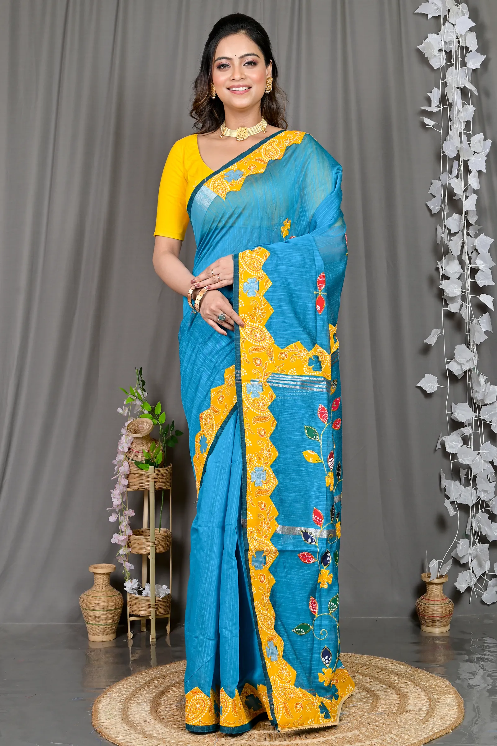 DipDiya Cotton Blended Sky Blue Parik Timeless Bengal Applique Sarees