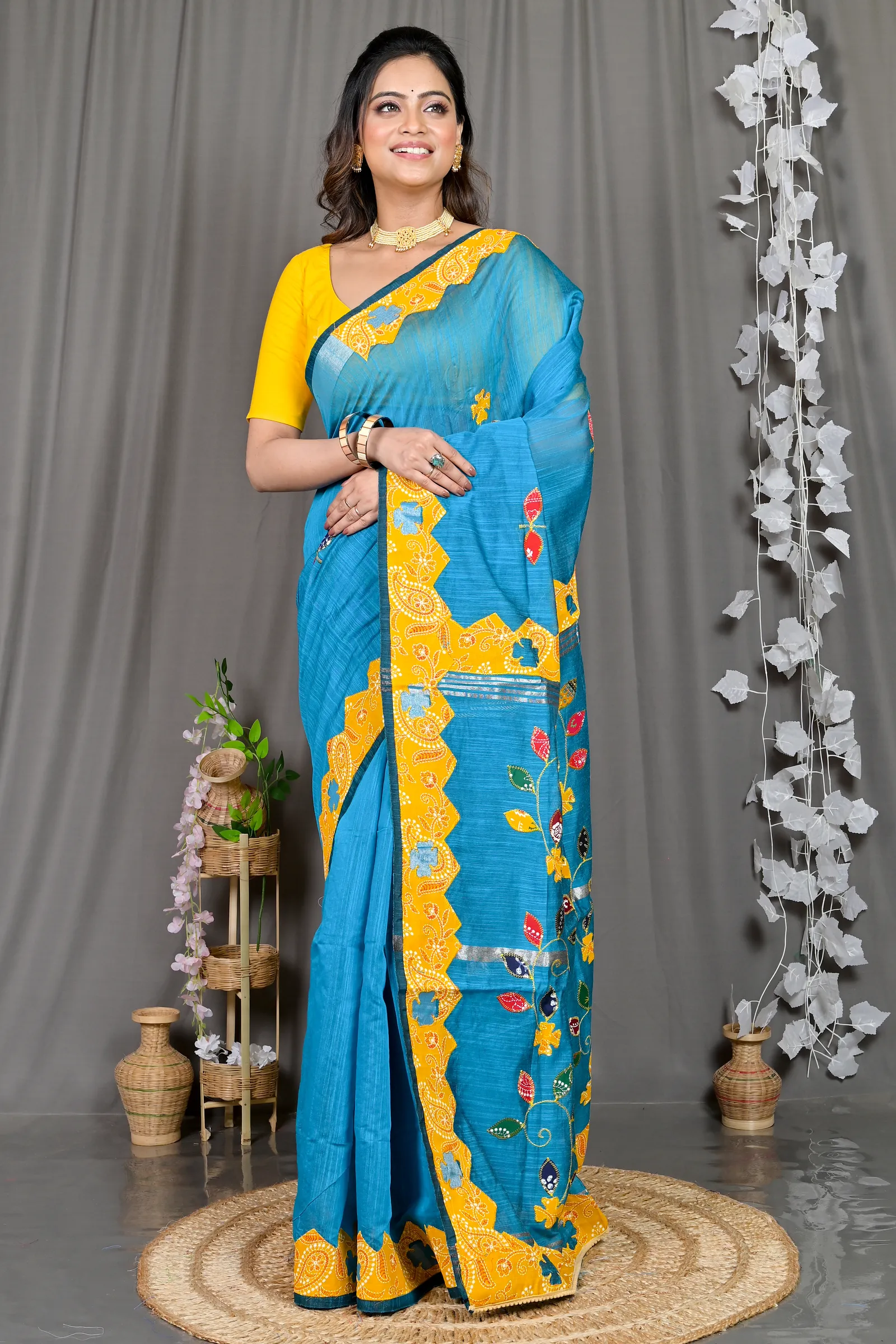 DipDiya Cotton Blended Sky Blue Parik Timeless Bengal Applique Sarees