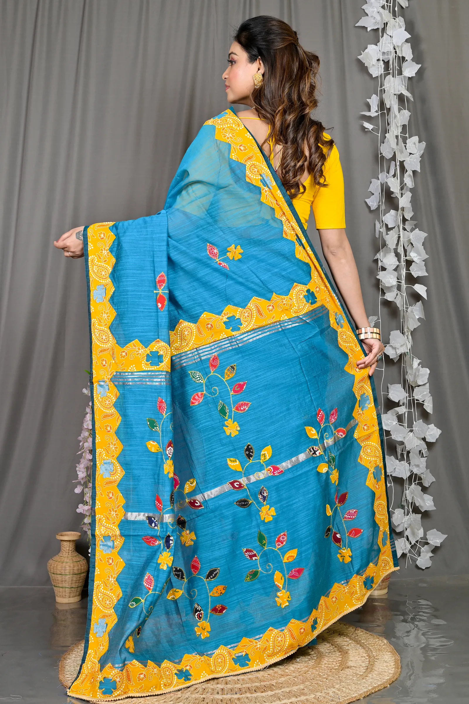 DipDiya Cotton Blended Sky Blue Parik Timeless Bengal Applique Sarees