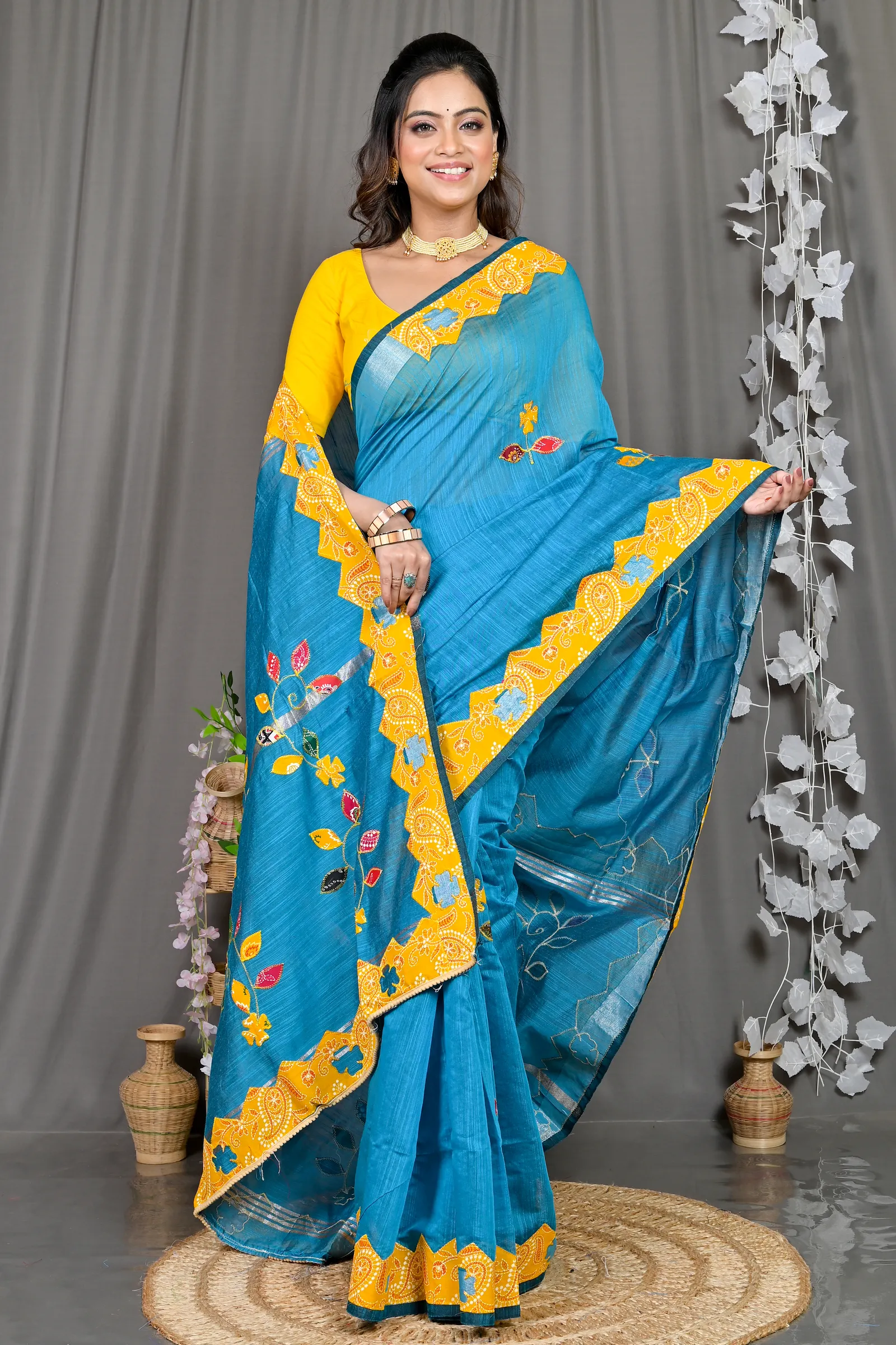 DipDiya Cotton Blended Sky Blue Parik Timeless Bengal Applique Sarees