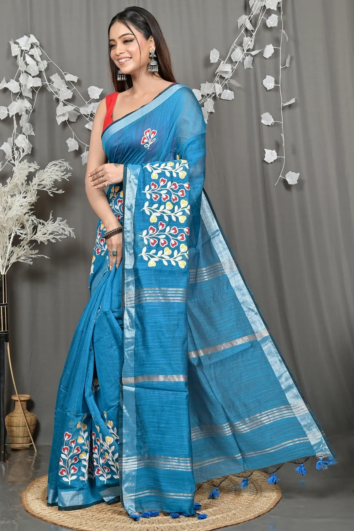 DipDiya Cotton Blended Sky Blue Paroni Heritage of Bengali Embroidery Handloom sarees