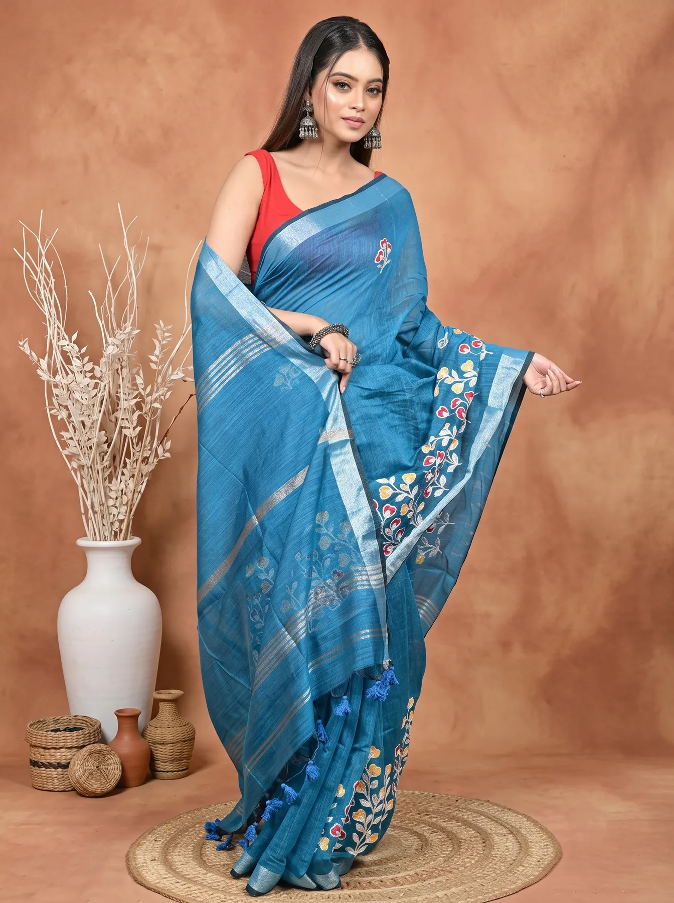 DipDiya Cotton Blended Sky Blue Paroni Heritage of Bengali Embroidery Handloom sarees