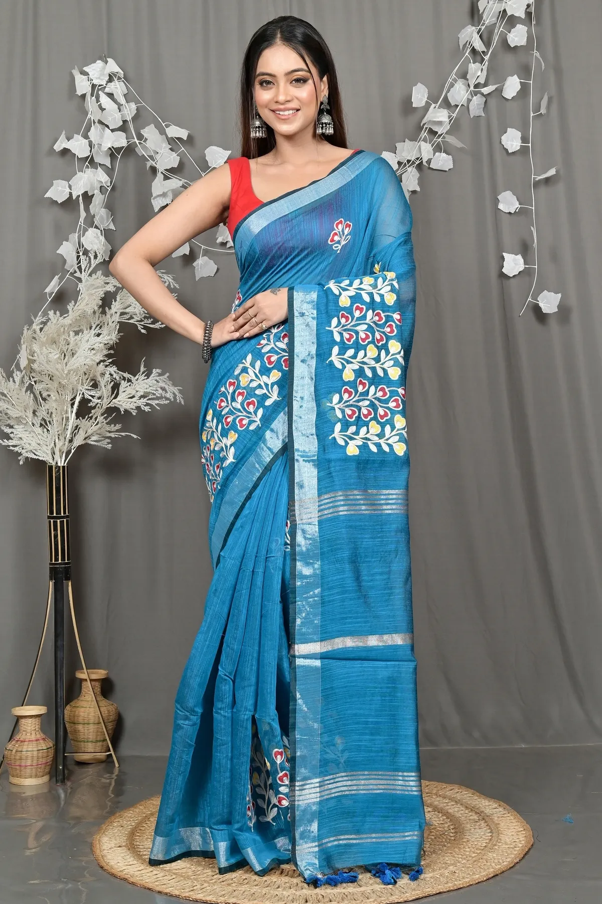 DipDiya Cotton Blended Sky Blue Paroni Heritage of Bengali Embroidery Handloom sarees