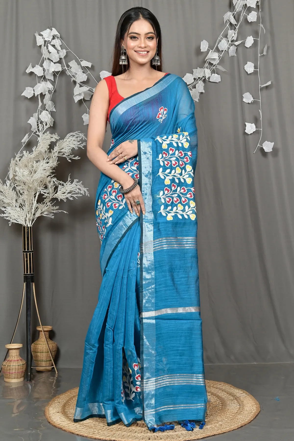DipDiya Cotton Blended Sky Blue Paroni Heritage of Bengali Embroidery Handloom sarees