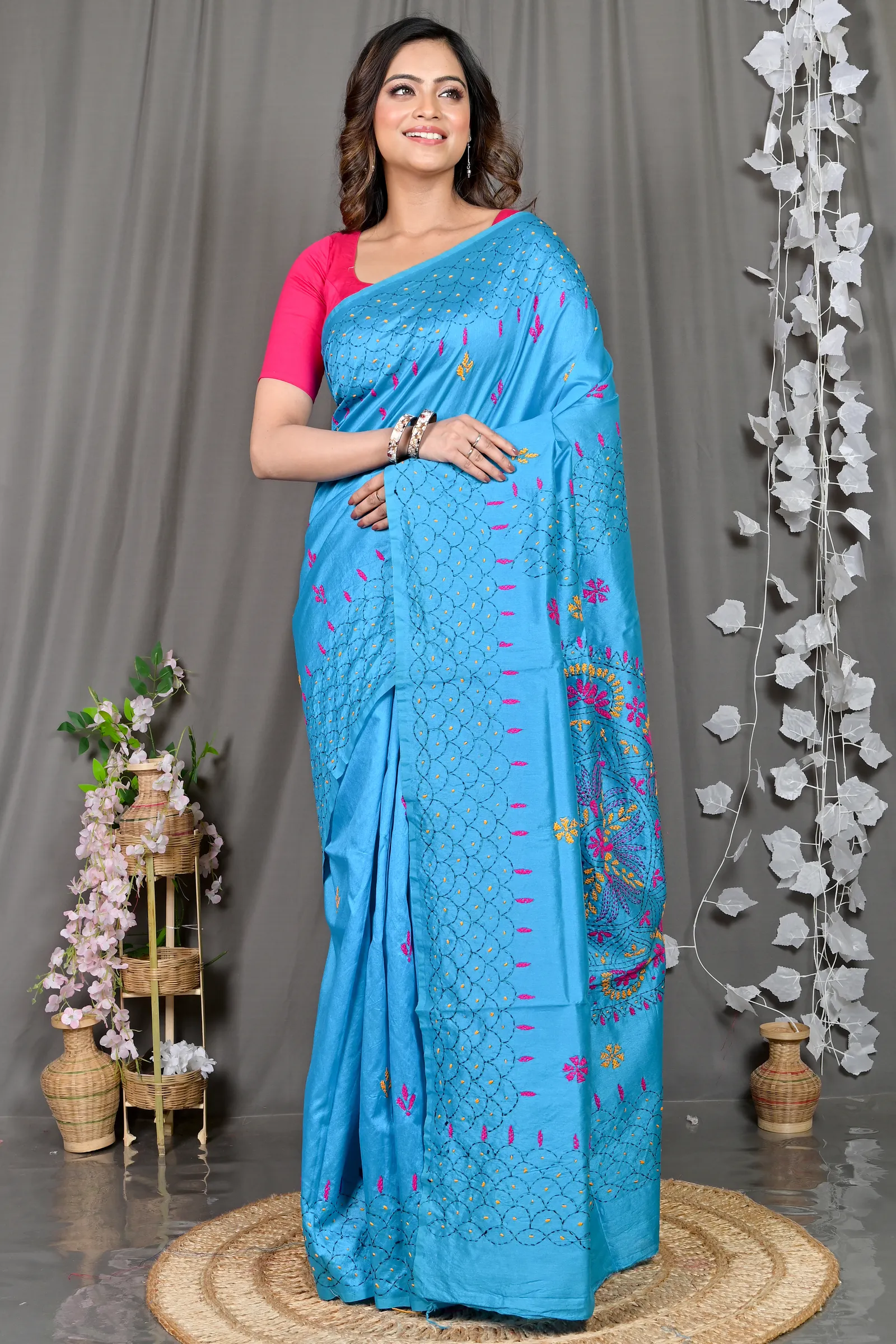 DipDiya Cotton Blended Sky Blue Soumika Elegance in Every Weave Kantha Stitch Sarees