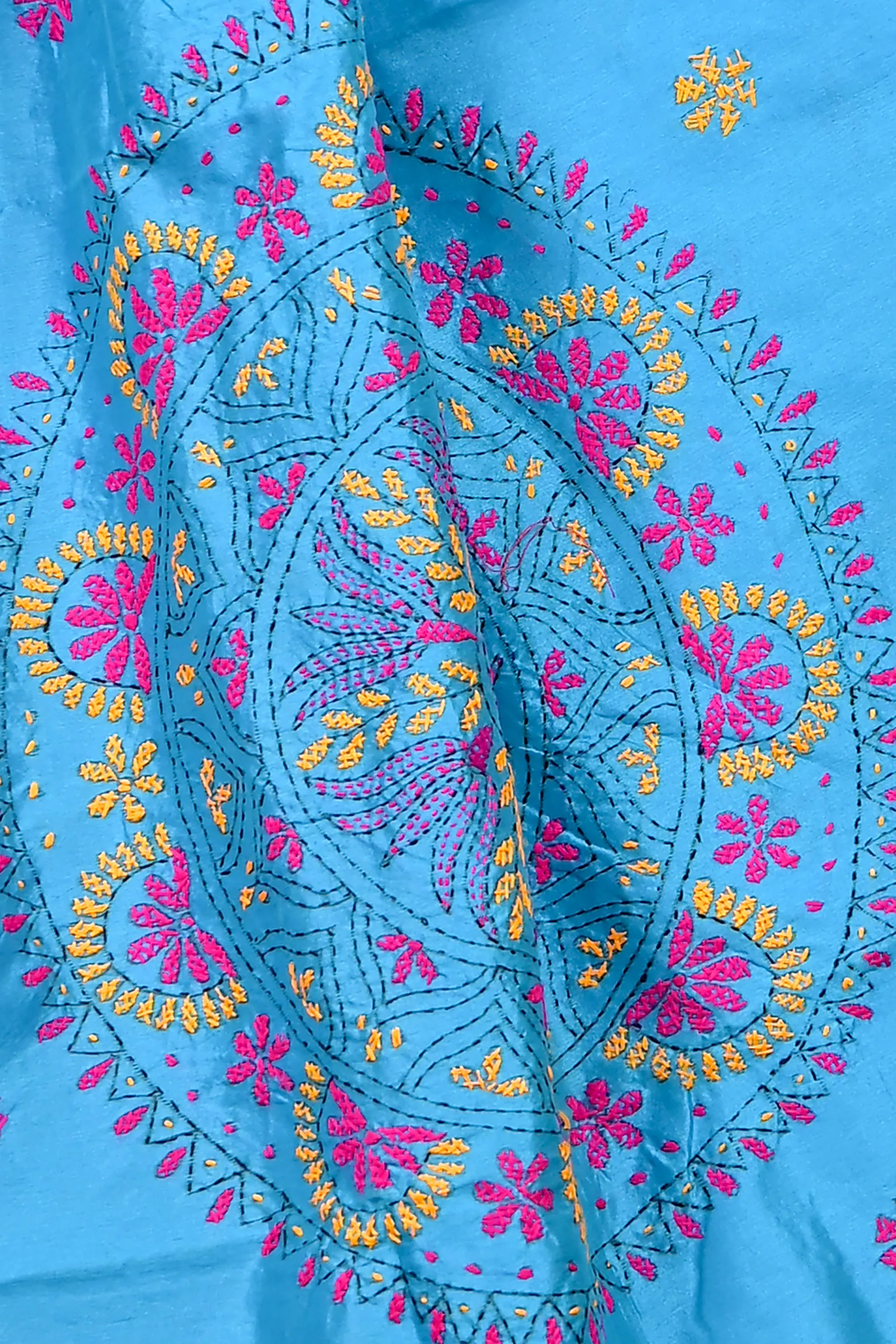 DipDiya Cotton Blended Sky Blue Soumika Elegance in Every Weave Kantha Stitch Sarees