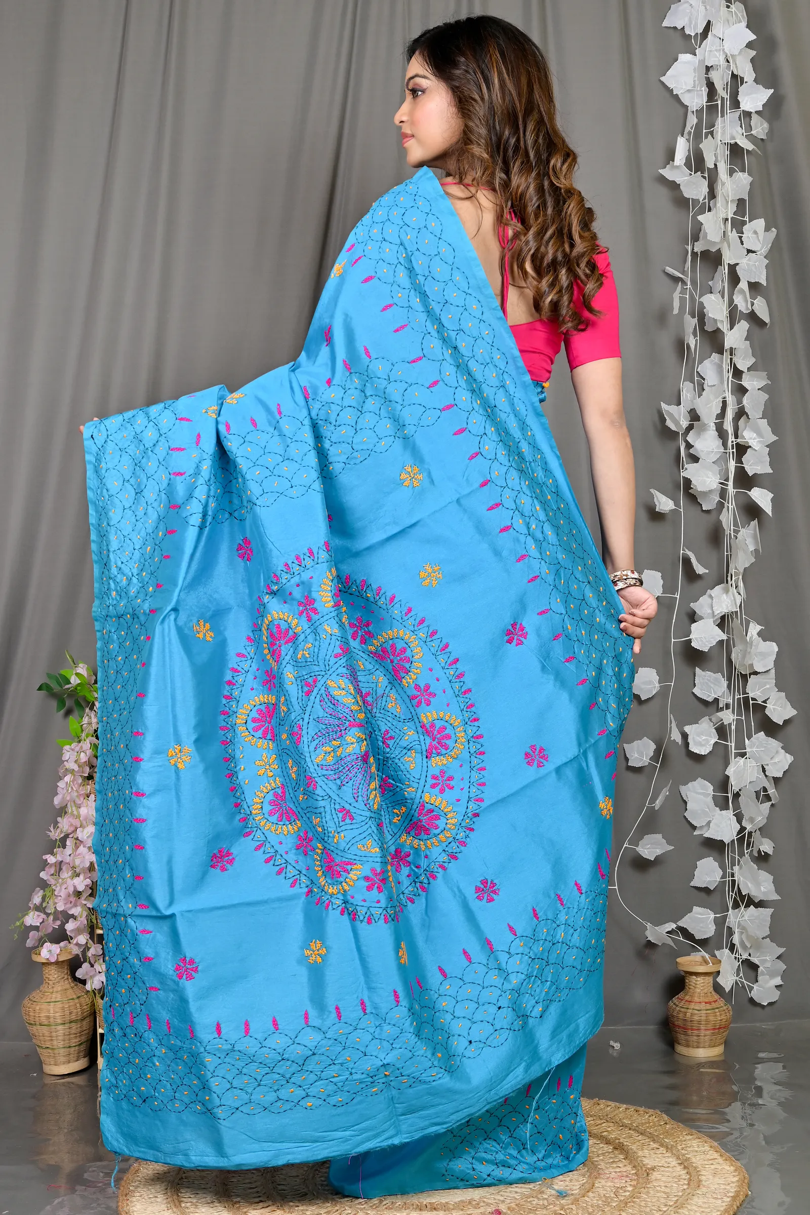 DipDiya Cotton Blended Sky Blue Soumika Elegance in Every Weave Kantha Stitch Sarees