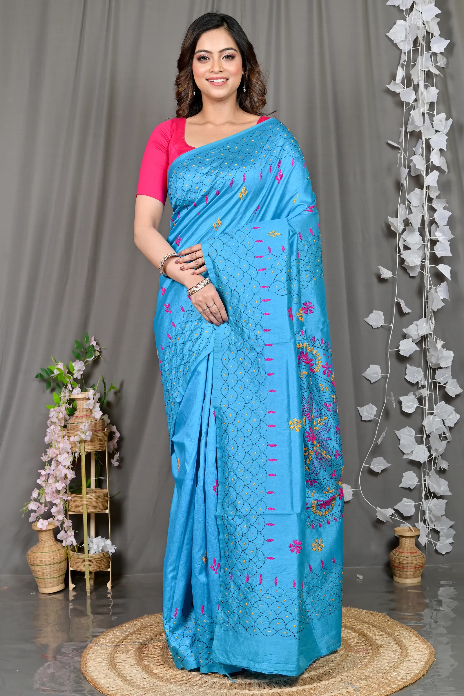 DipDiya Cotton Blended Sky Blue Soumika Elegance in Every Weave Kantha Stitch Sarees