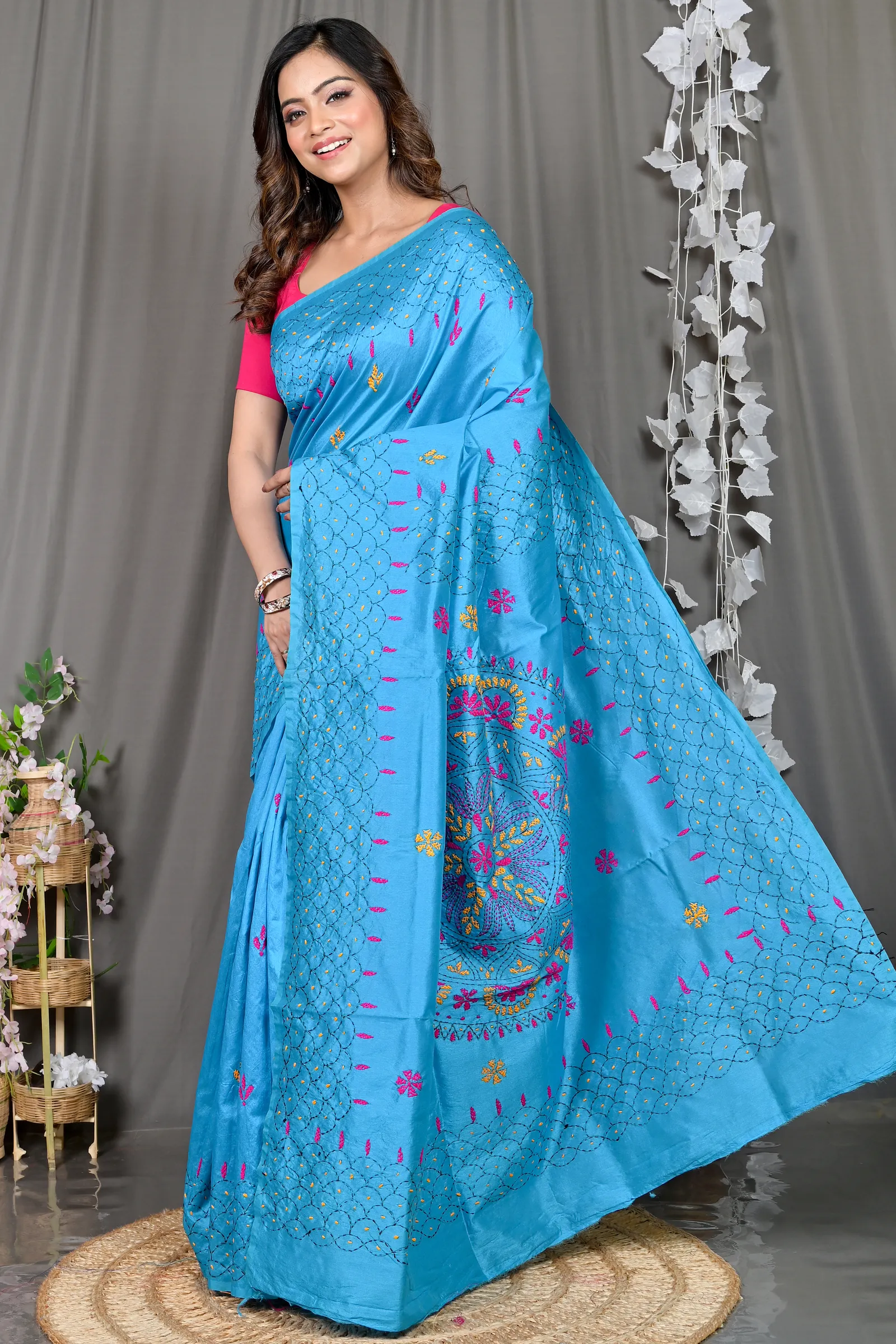 DipDiya Cotton Blended Sky Blue Soumika Elegance in Every Weave Kantha Stitch Sarees