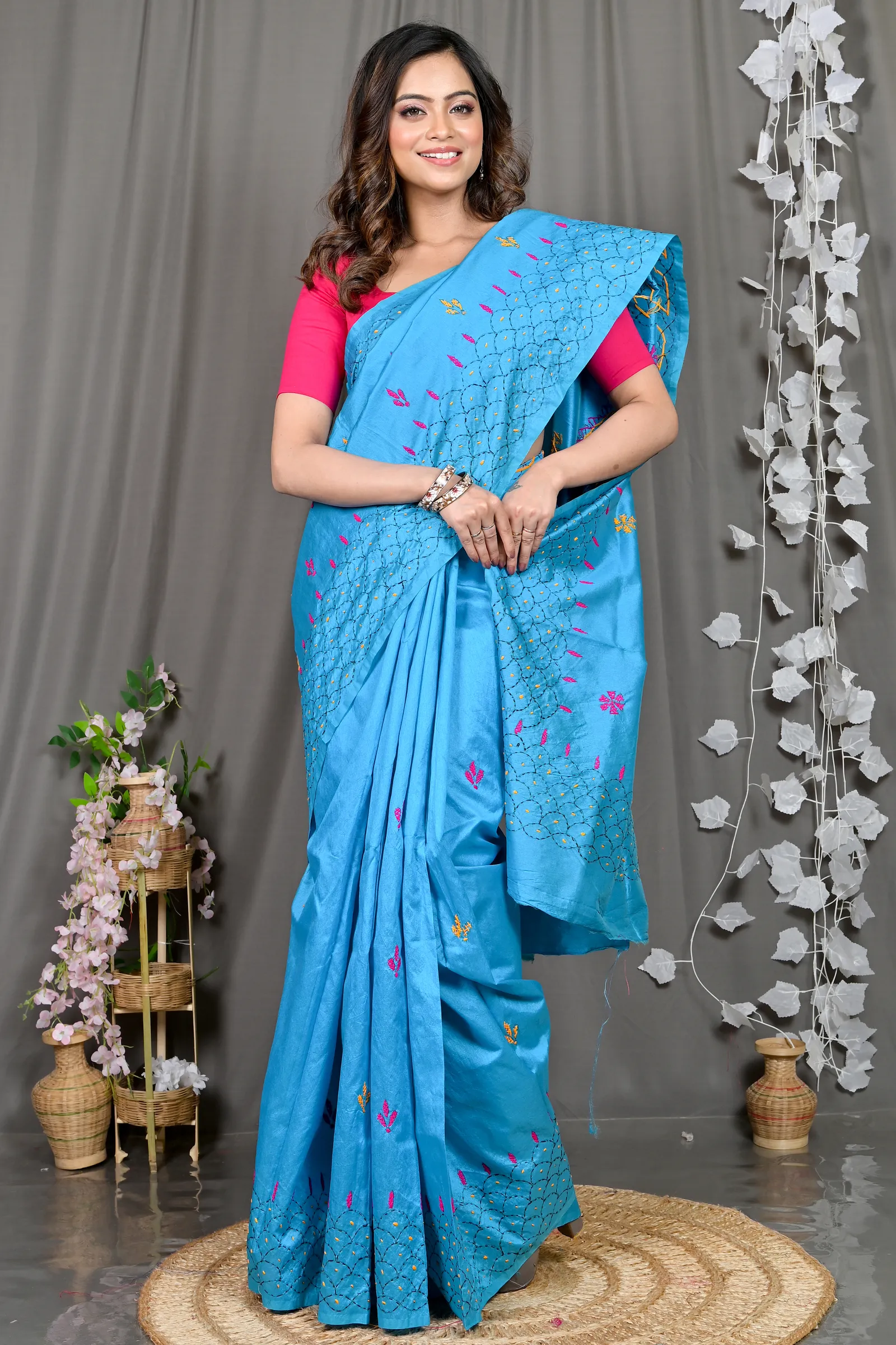 DipDiya Cotton Blended Sky Blue Soumika Elegance in Every Weave Kantha Stitch Sarees