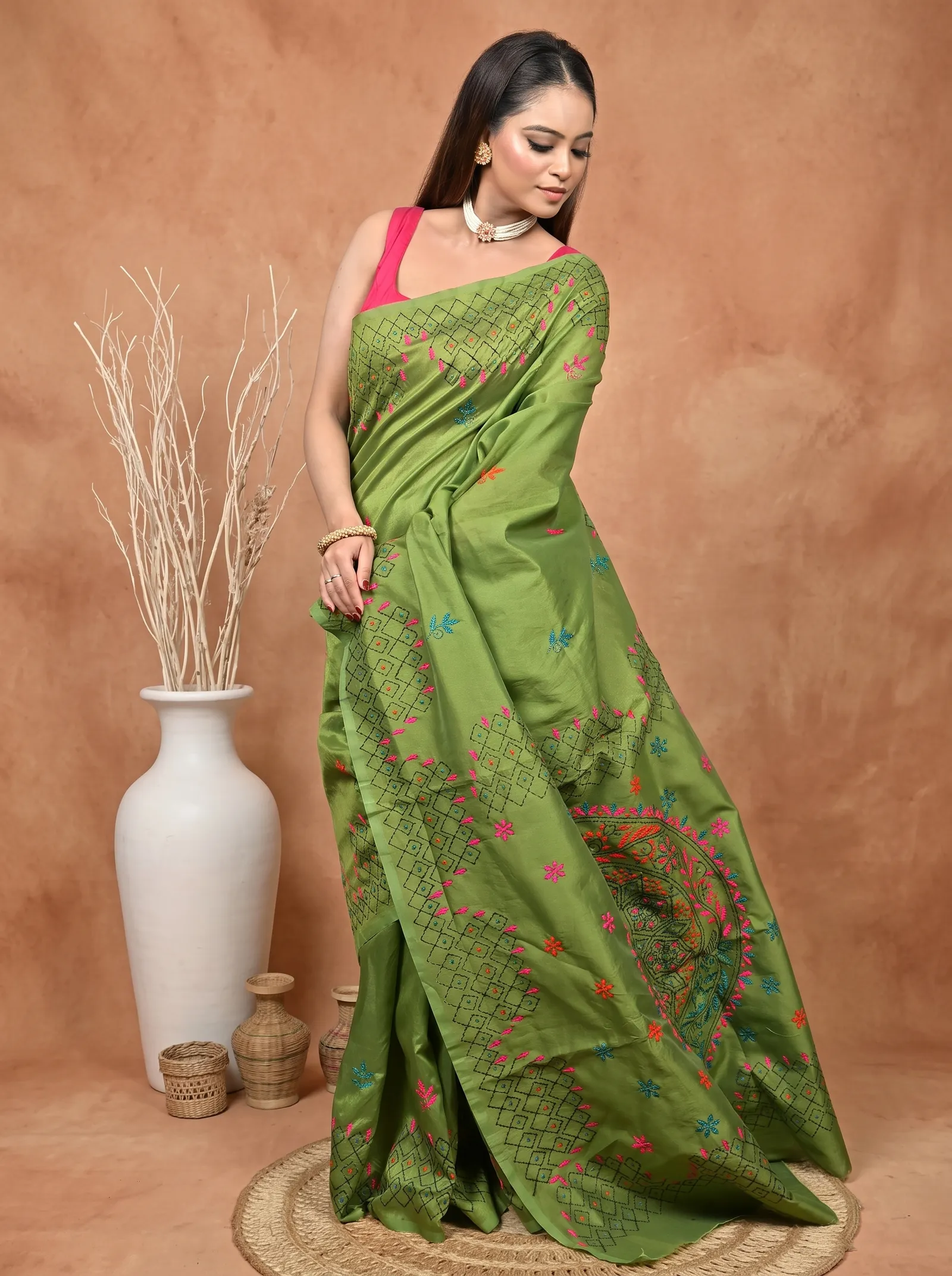 DipDiya Cotton Blended  Traditional Bengali Green Artisan Crafted Soumika Kantha Stitch Saree