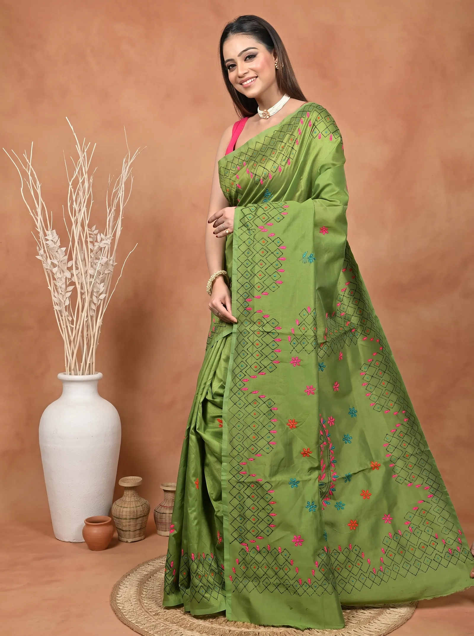 DipDiya Cotton Blended  Traditional Bengali Green Artisan Crafted Soumika Kantha Stitch Saree