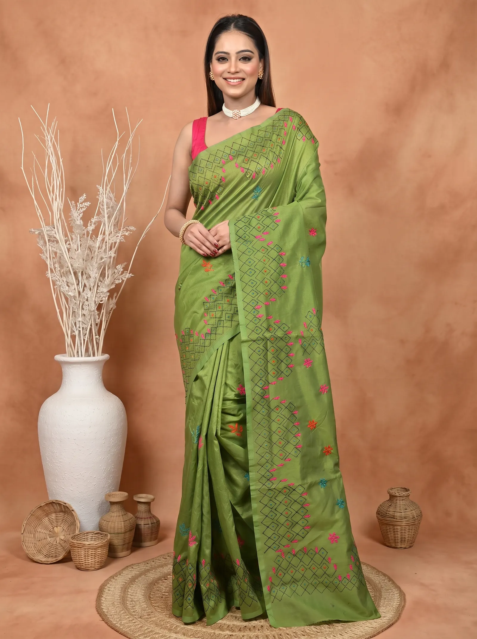 DipDiya Cotton Blended  Traditional Bengali Green Artisan Crafted Soumika Kantha Stitch Saree