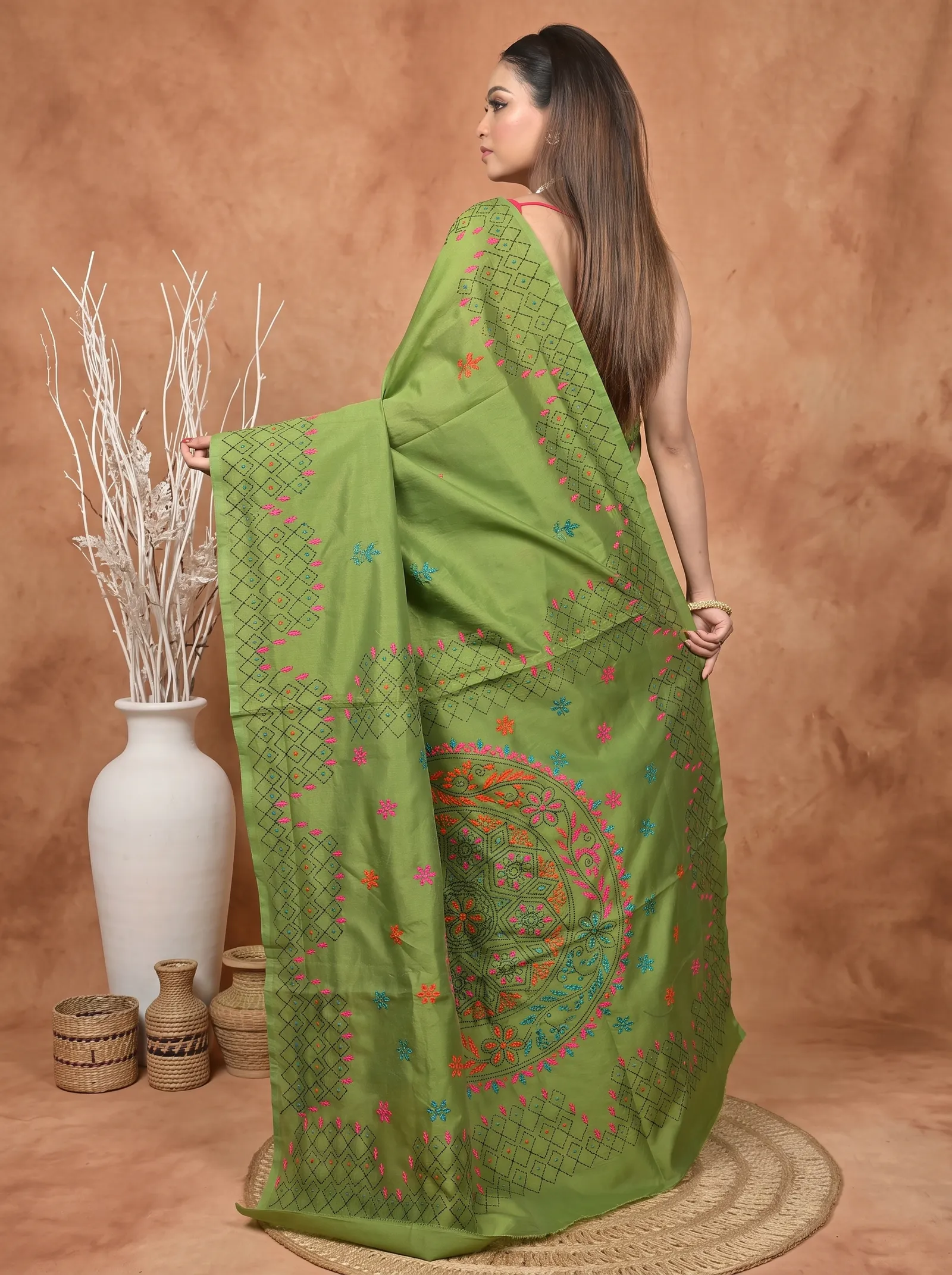 DipDiya Cotton Blended  Traditional Bengali Green Artisan Crafted Soumika Kantha Stitch Saree