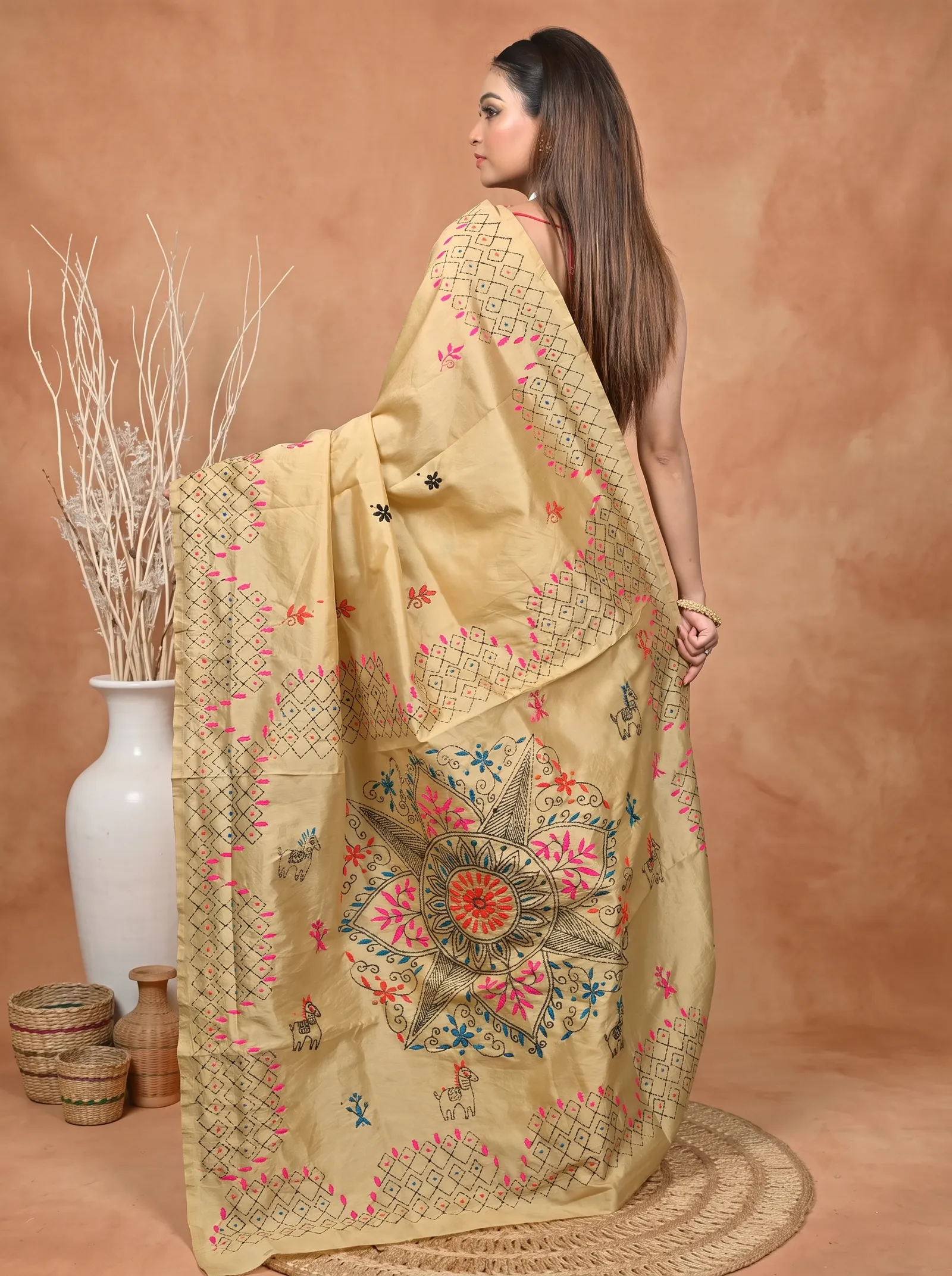 DipDiya Cotton Blended  Traditional Bengali Light Brown Artisan Crafted Soumika Kantha Stitch Saree