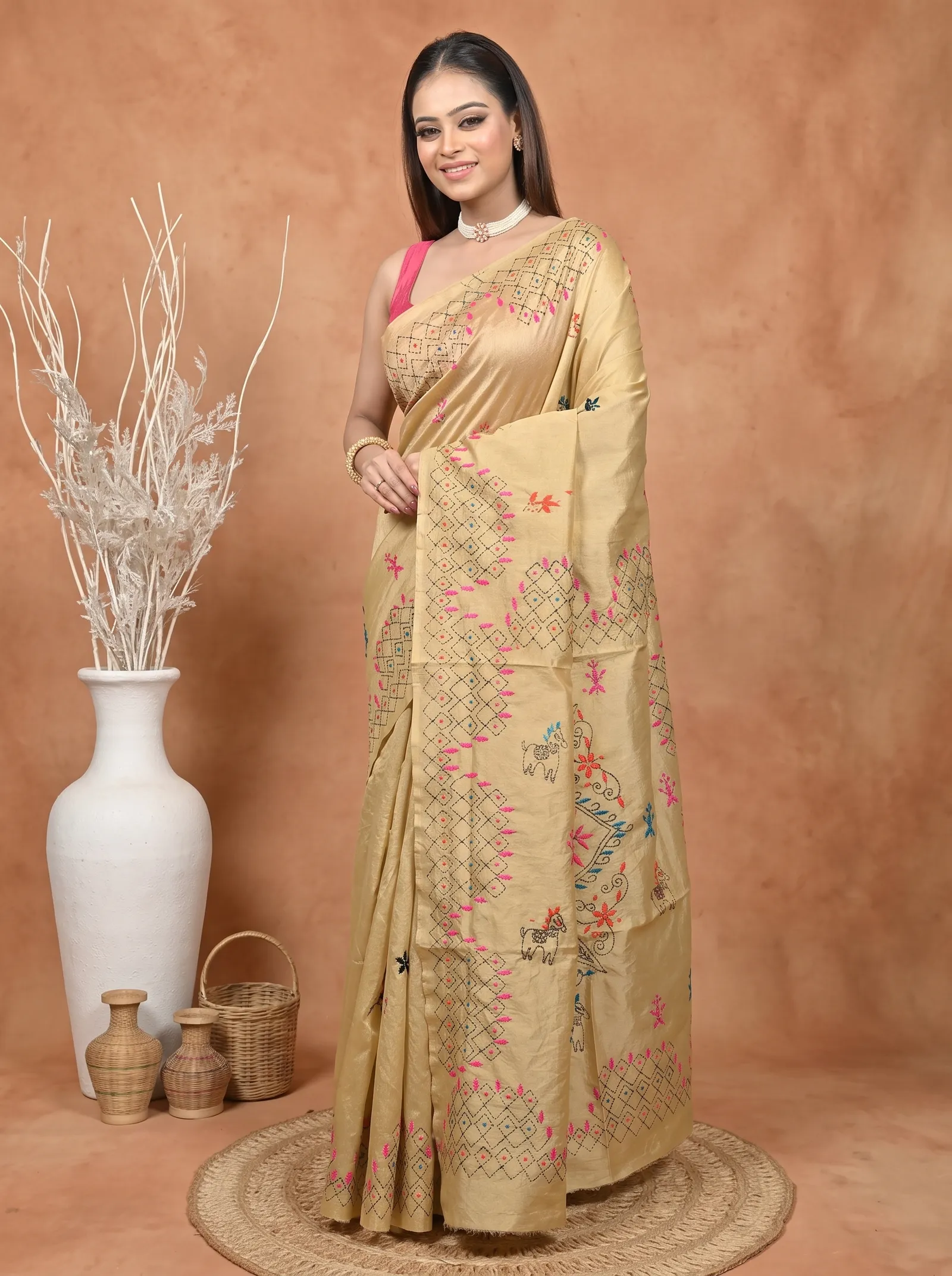 DipDiya Cotton Blended  Traditional Bengali Light Brown Artisan Crafted Soumika Kantha Stitch Saree