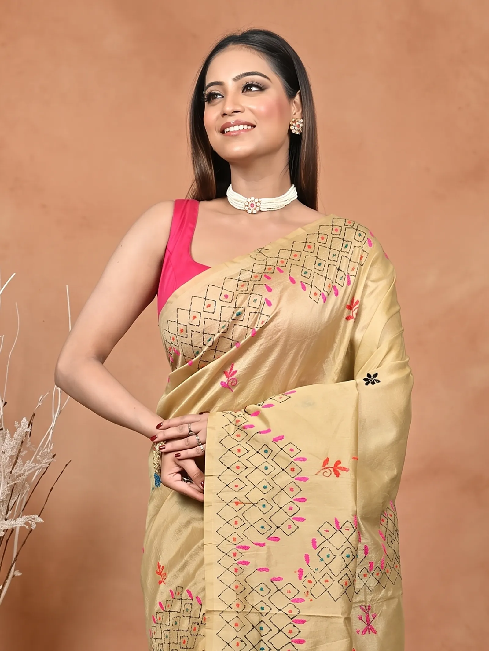 DipDiya Cotton Blended  Traditional Bengali Light Brown Artisan Crafted Soumika Kantha Stitch Saree