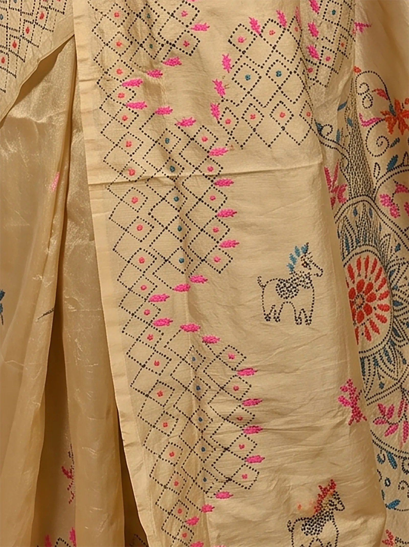 DipDiya Cotton Blended  Traditional Bengali Light Brown Artisan Crafted Soumika Kantha Stitch Saree