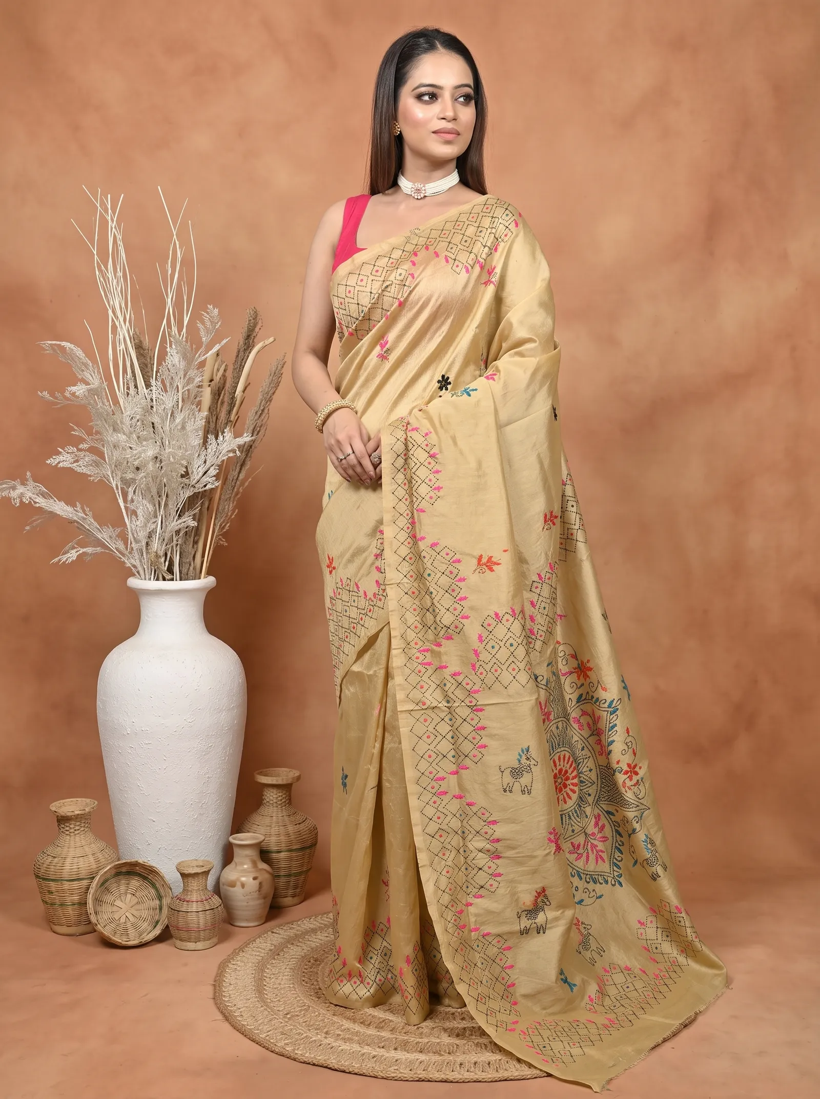 DipDiya Cotton Blended  Traditional Bengali Light Brown Artisan Crafted Soumika Kantha Stitch Saree