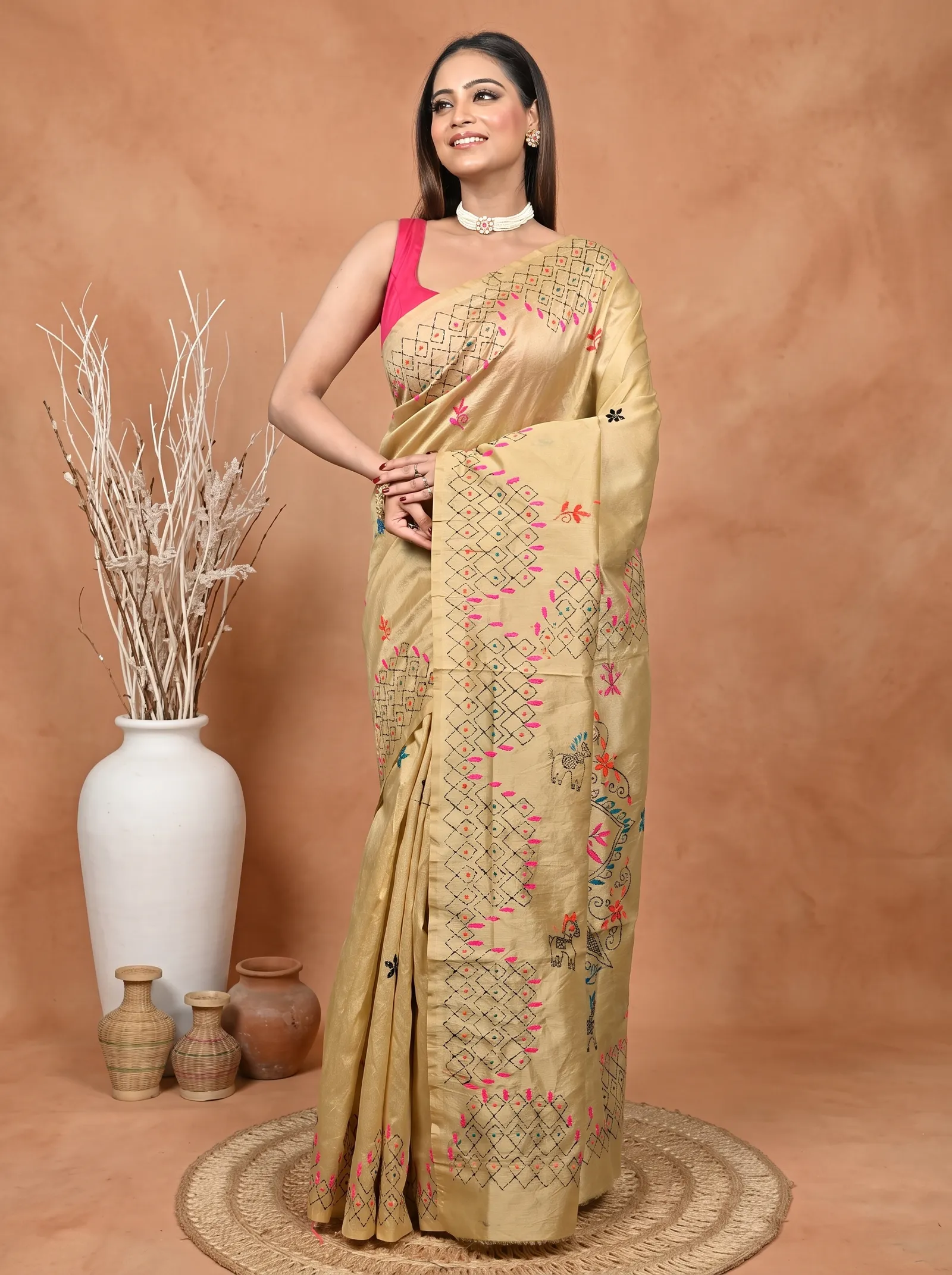 DipDiya Cotton Blended  Traditional Bengali Light Brown Artisan Crafted Soumika Kantha Stitch Saree