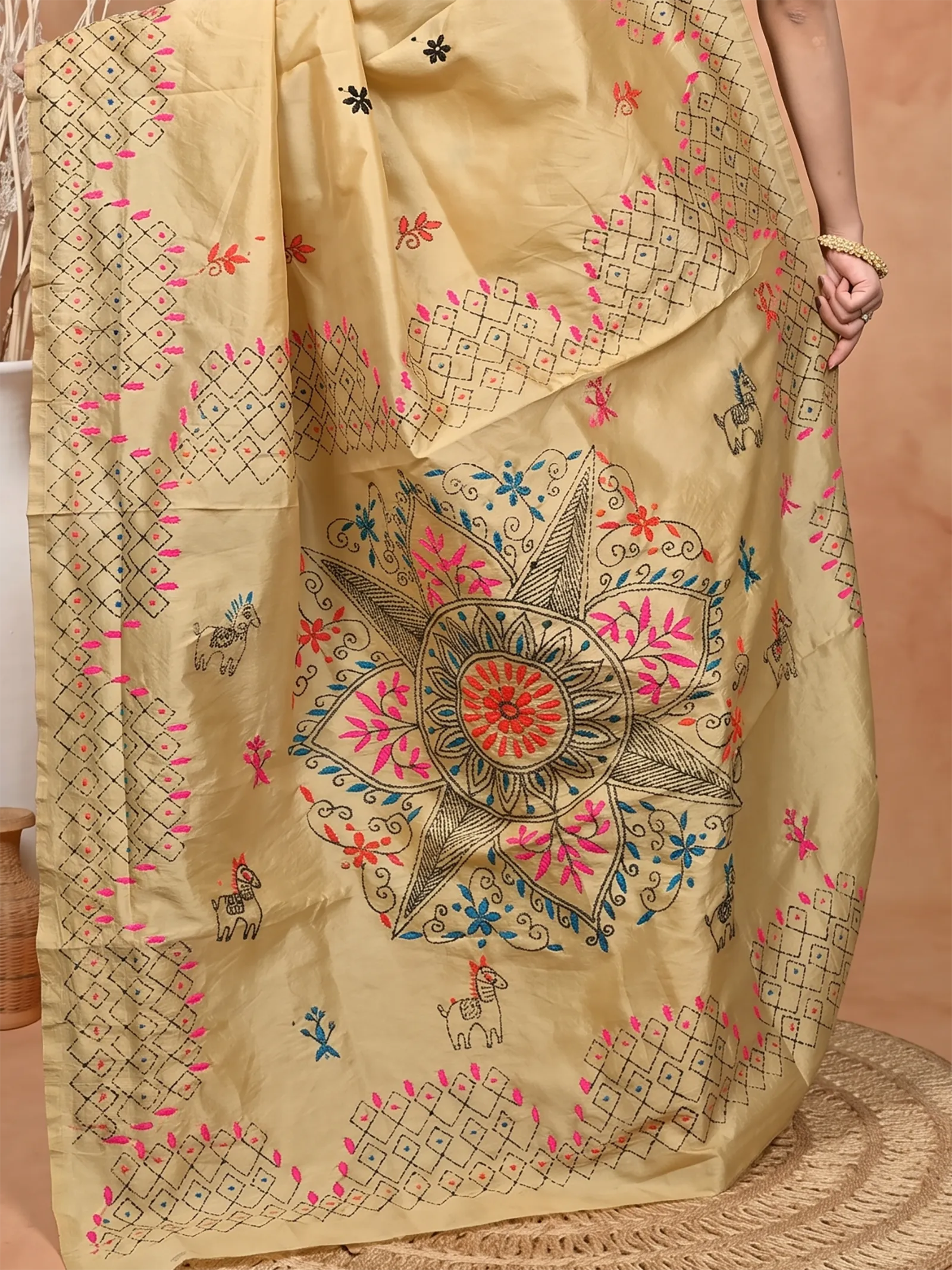 DipDiya Cotton Blended  Traditional Bengali Light Brown Artisan Crafted Soumika Kantha Stitch Saree