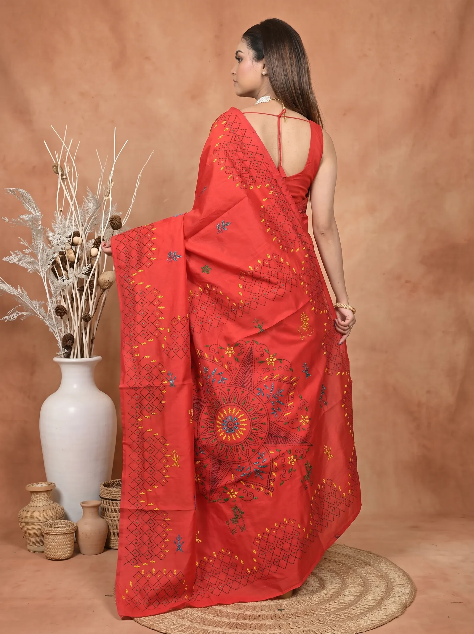 DipDiya Cotton Blended  Traditional Bengali Red Artisan Crafted Soumika Kantha Stitch Saree
