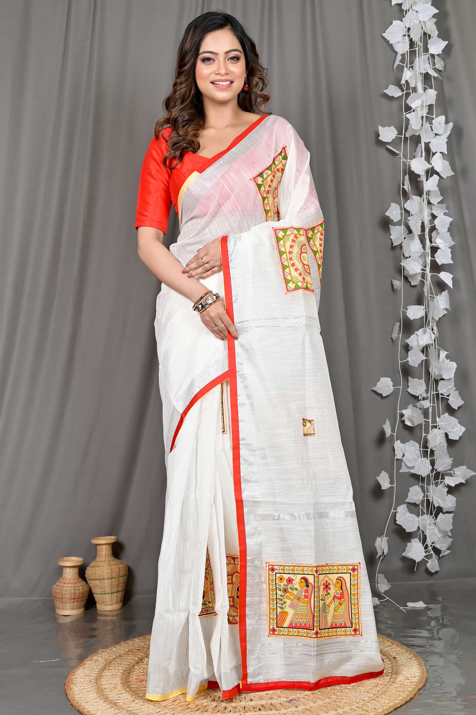 DipDiya Cotton Blended White Parija Masterfully Woven Applique Sarees