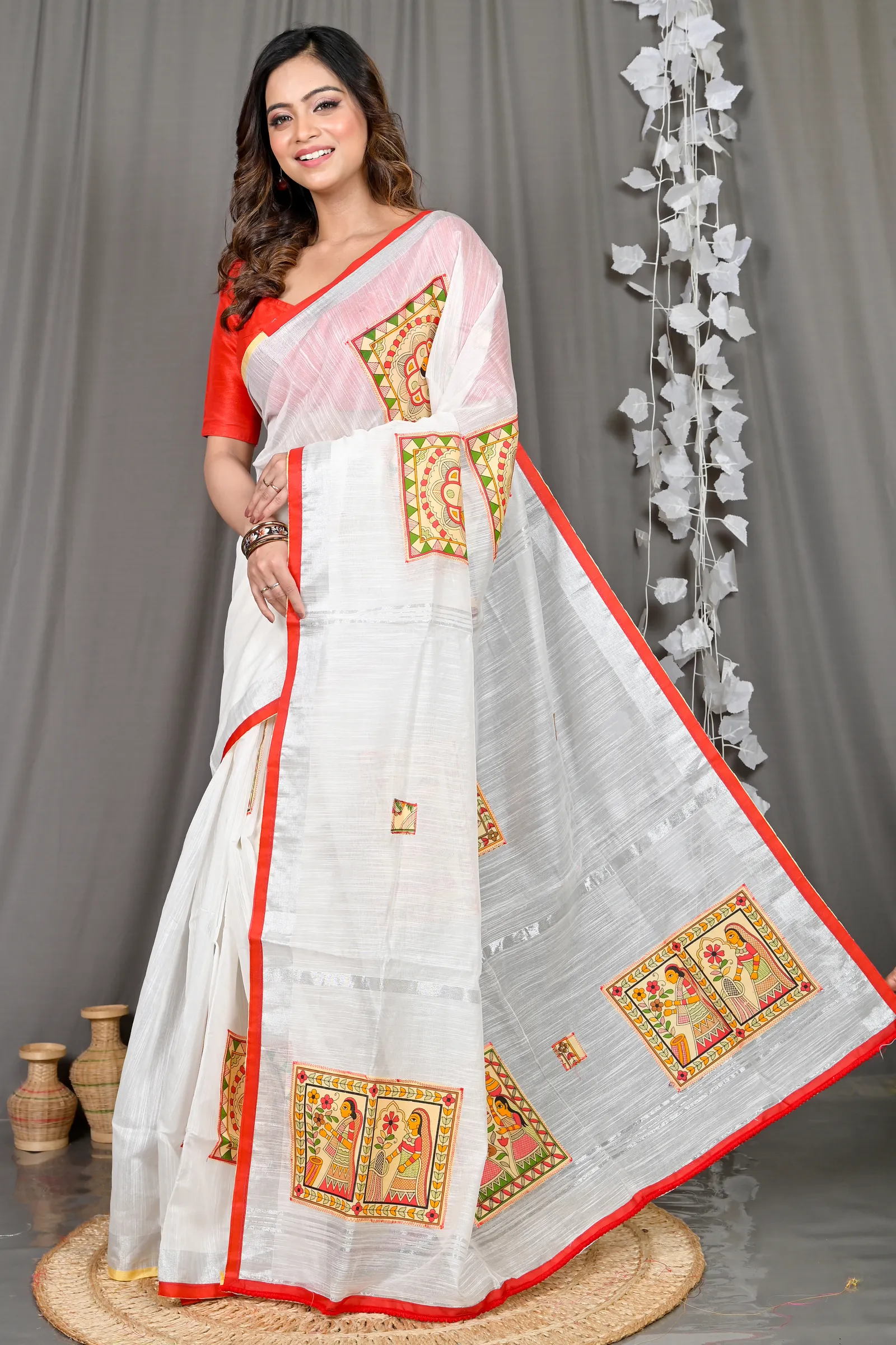 DipDiya Cotton Blended White Parija Masterfully Woven Applique Sarees