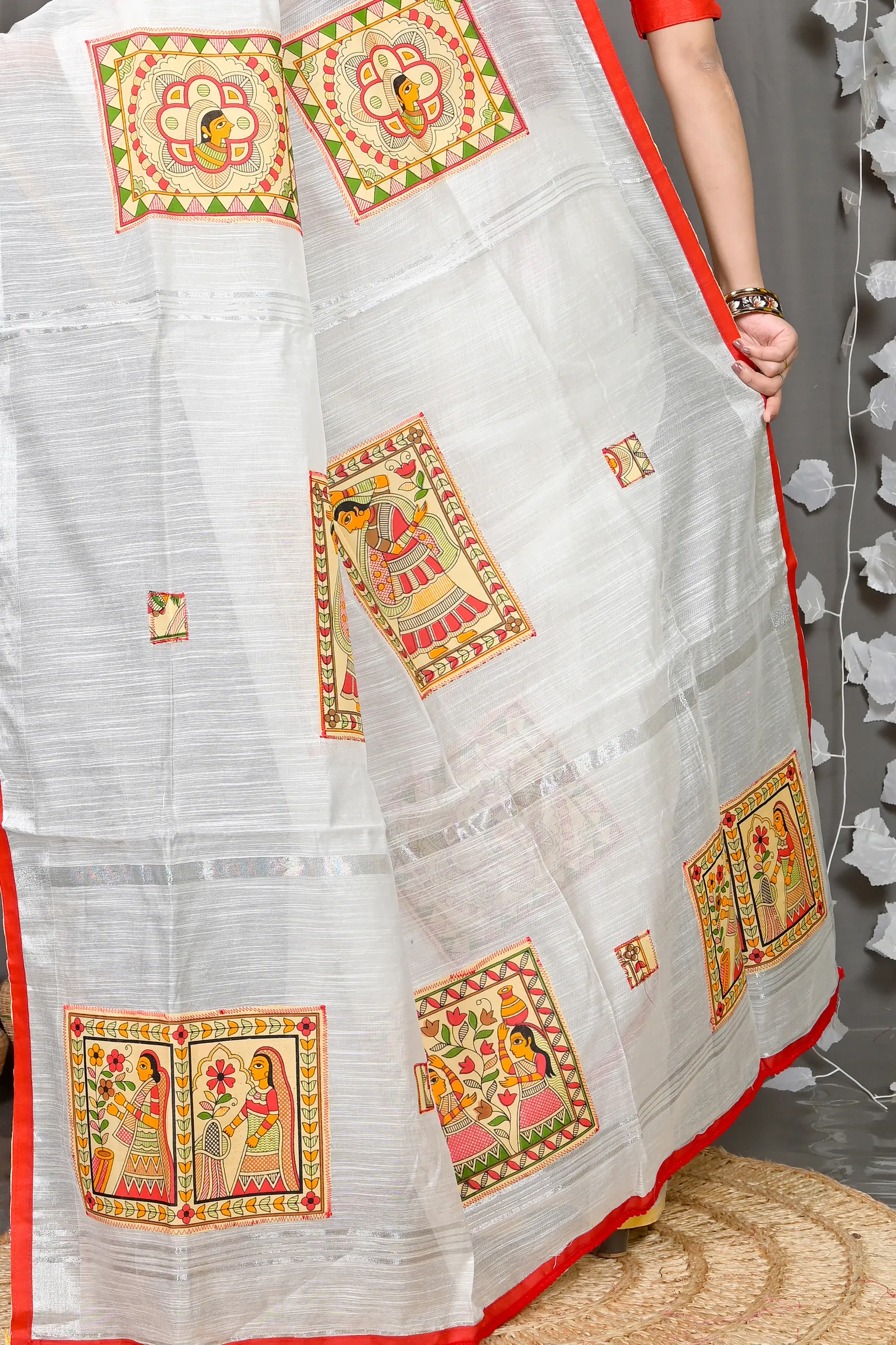 DipDiya Cotton Blended White Parija Masterfully Woven Applique Sarees