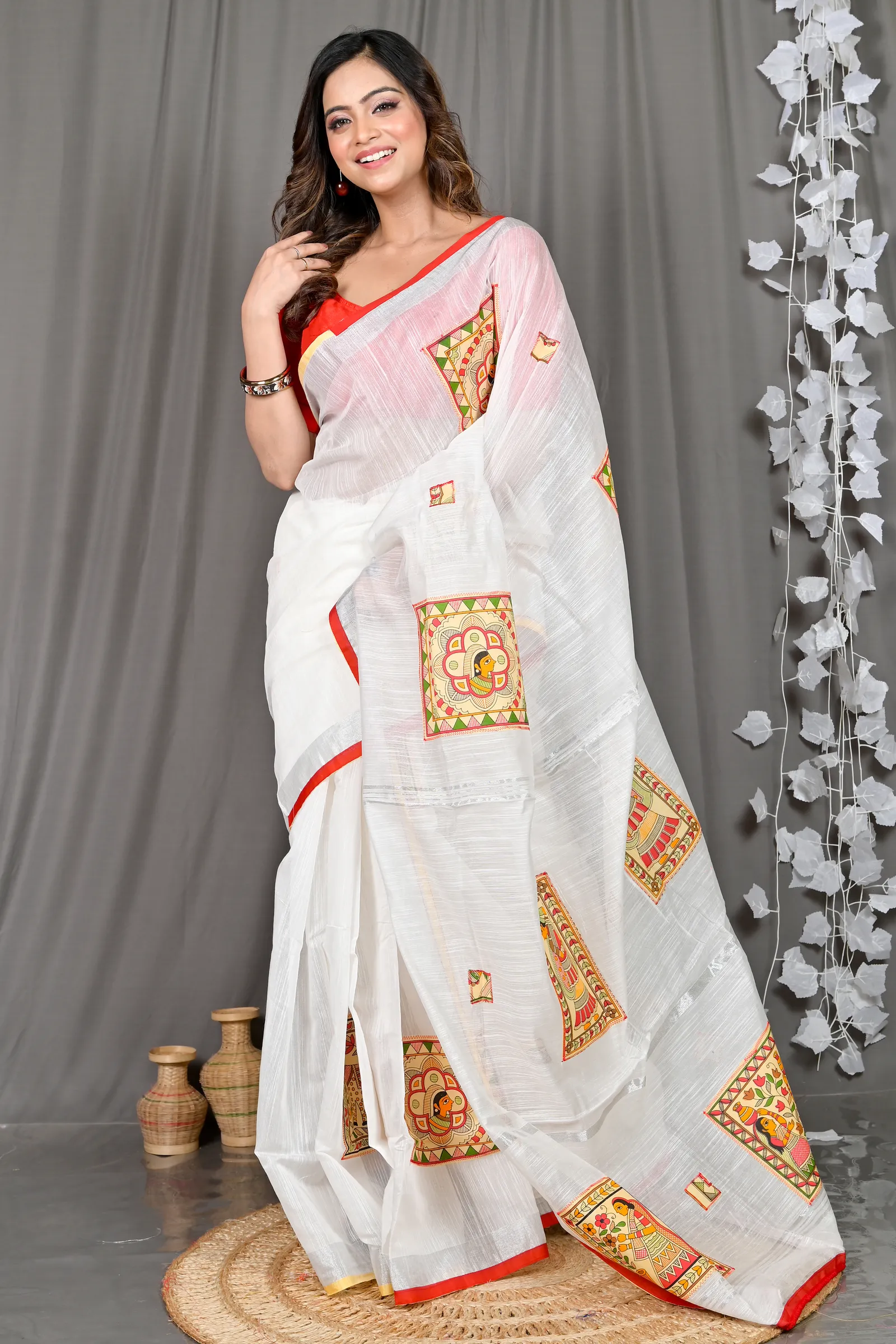 DipDiya Cotton Blended White Parija Masterfully Woven Applique Sarees
