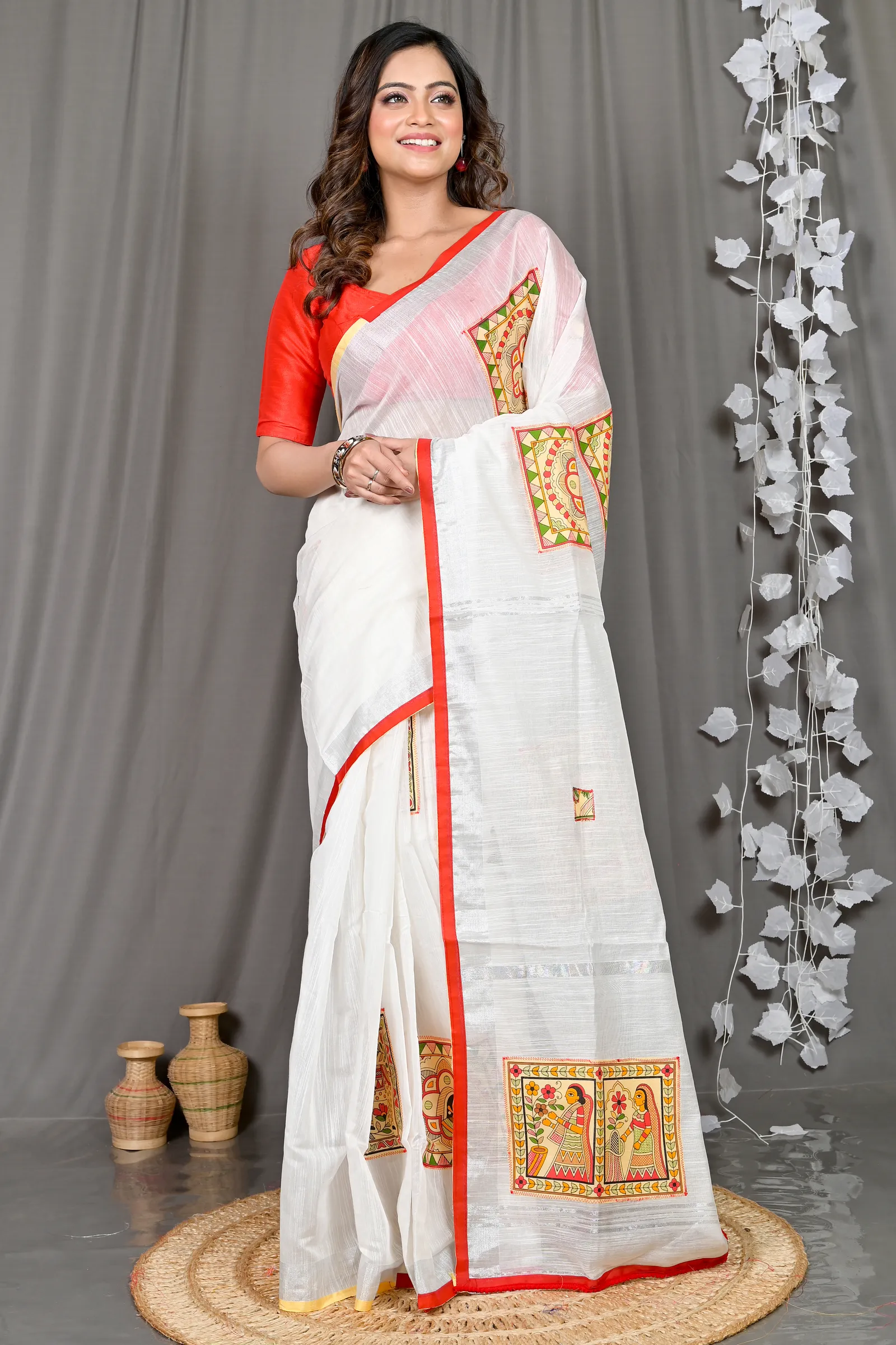 DipDiya Cotton Blended White Parija Masterfully Woven Applique Sarees