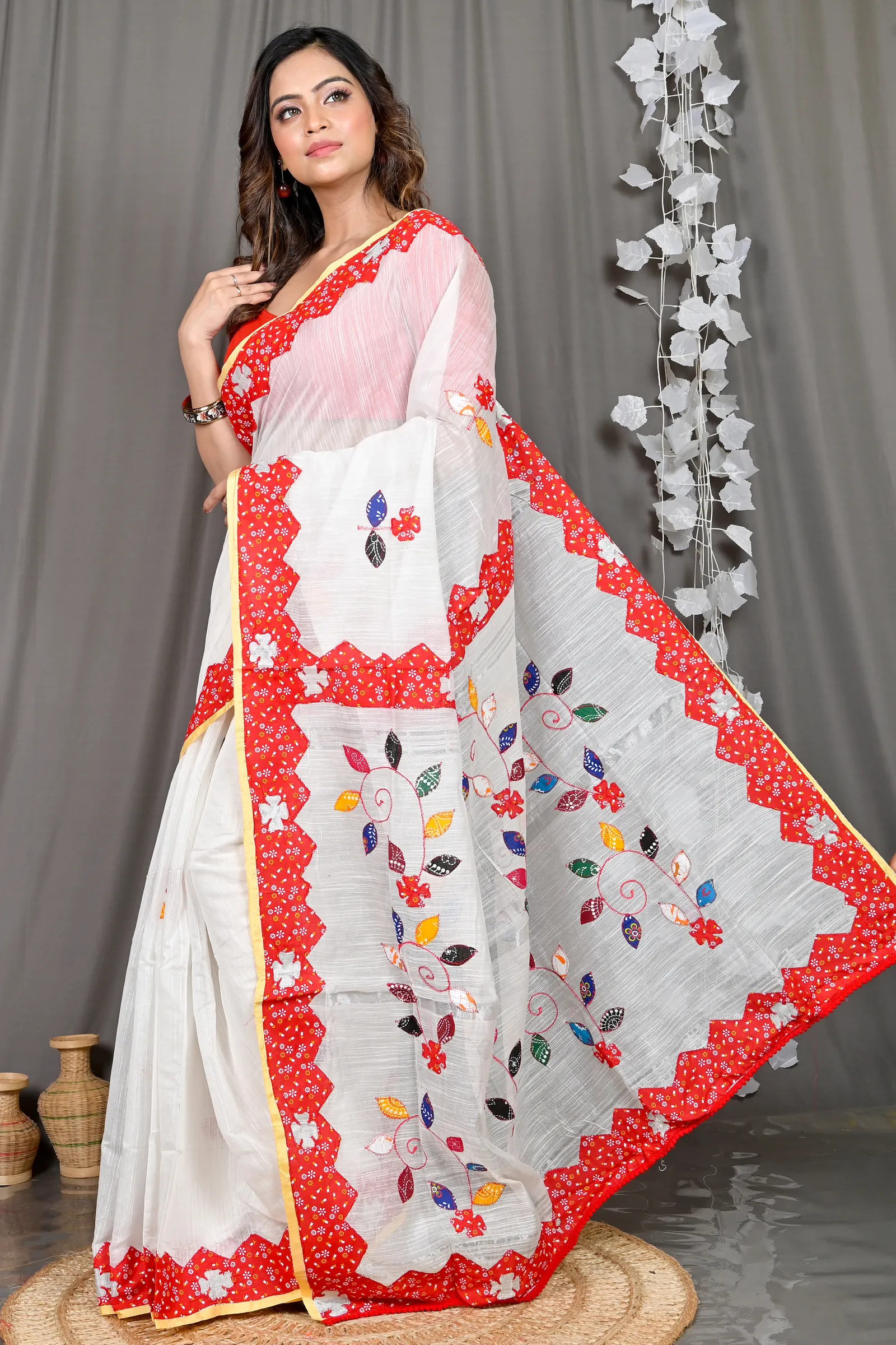 DipDiya Cotton Blended White Parik Rooted in Bengal Applique Sarees