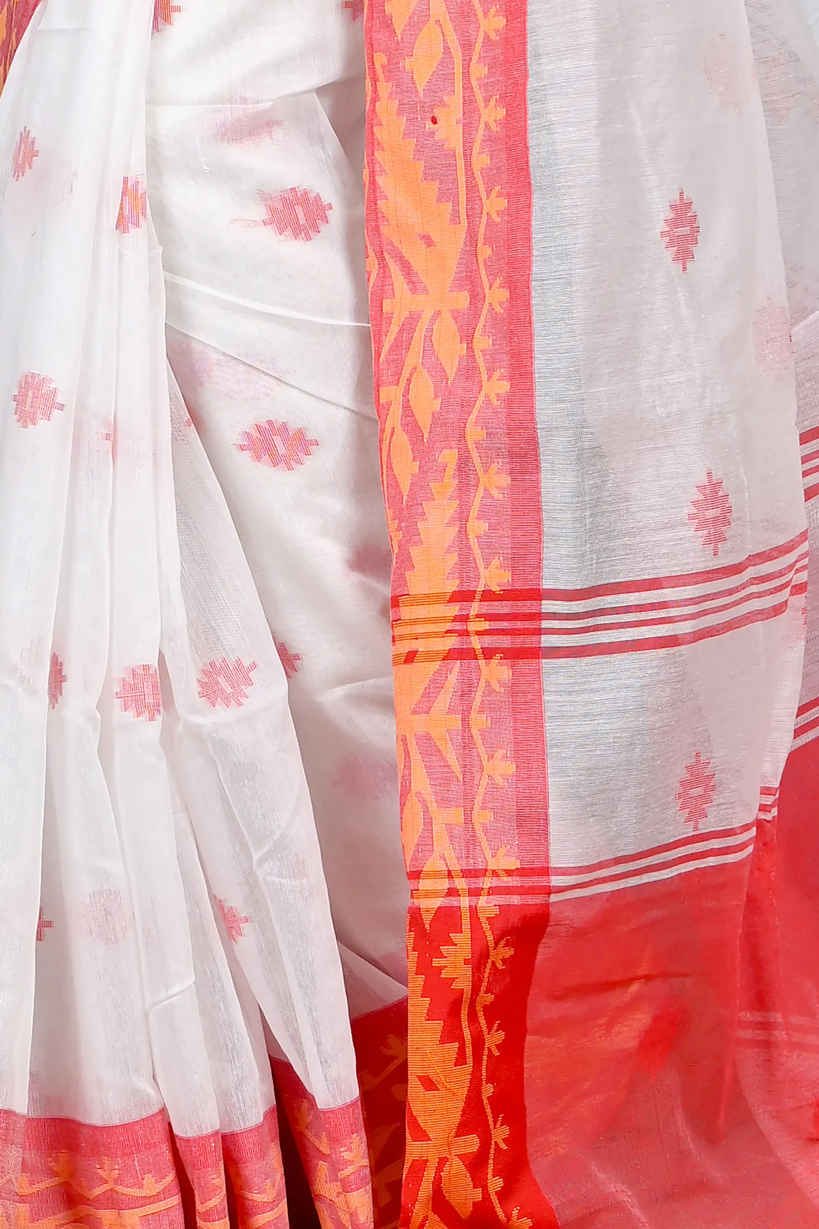 DipDiya Cotton Blended White Red Parul Crafted by Artisans Handloom Sarees