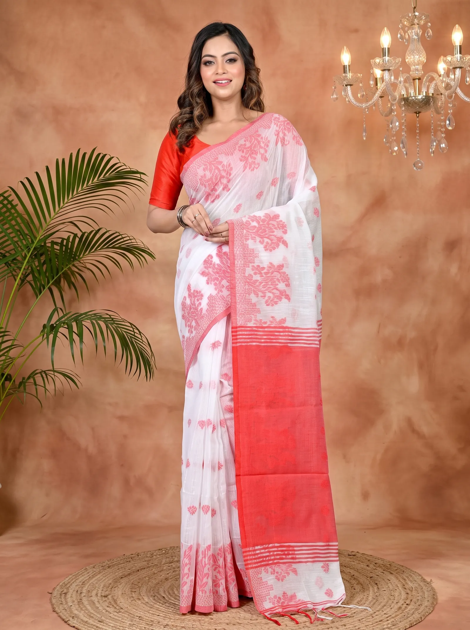 DipDiya Cotton Blended White Red Parup Essence of Bengal Handloom Sarees