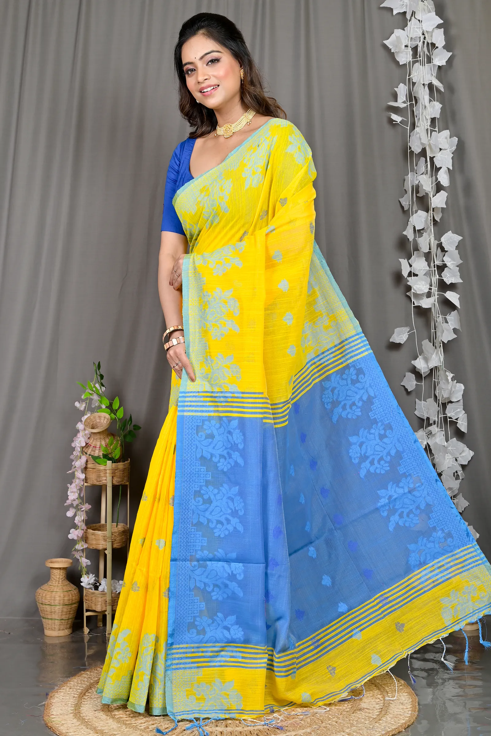 DipDiya Cotton Blended Yellow Blue Parup Handcrafted Elegance Handloom Sarees