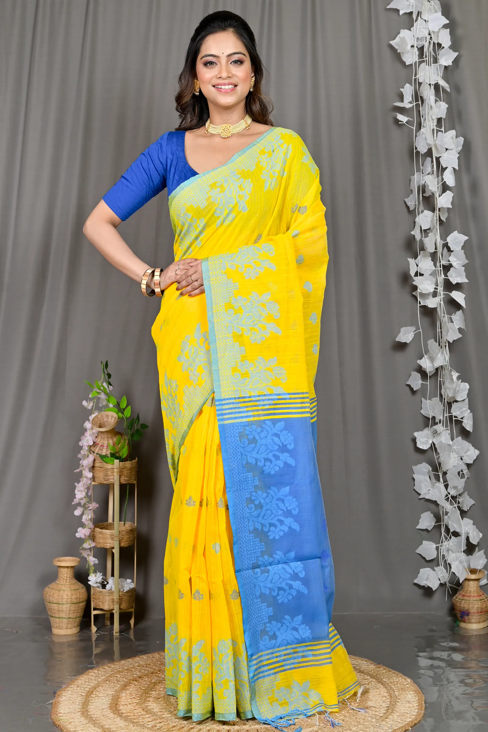DipDiya Cotton Blended Yellow Blue Parup Handcrafted Elegance Handloom Sarees