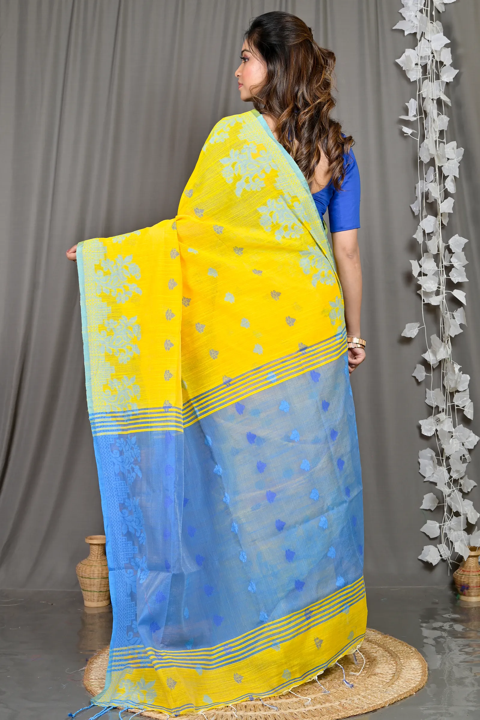 DipDiya Cotton Blended Yellow Blue Parup Handcrafted Elegance Handloom Sarees