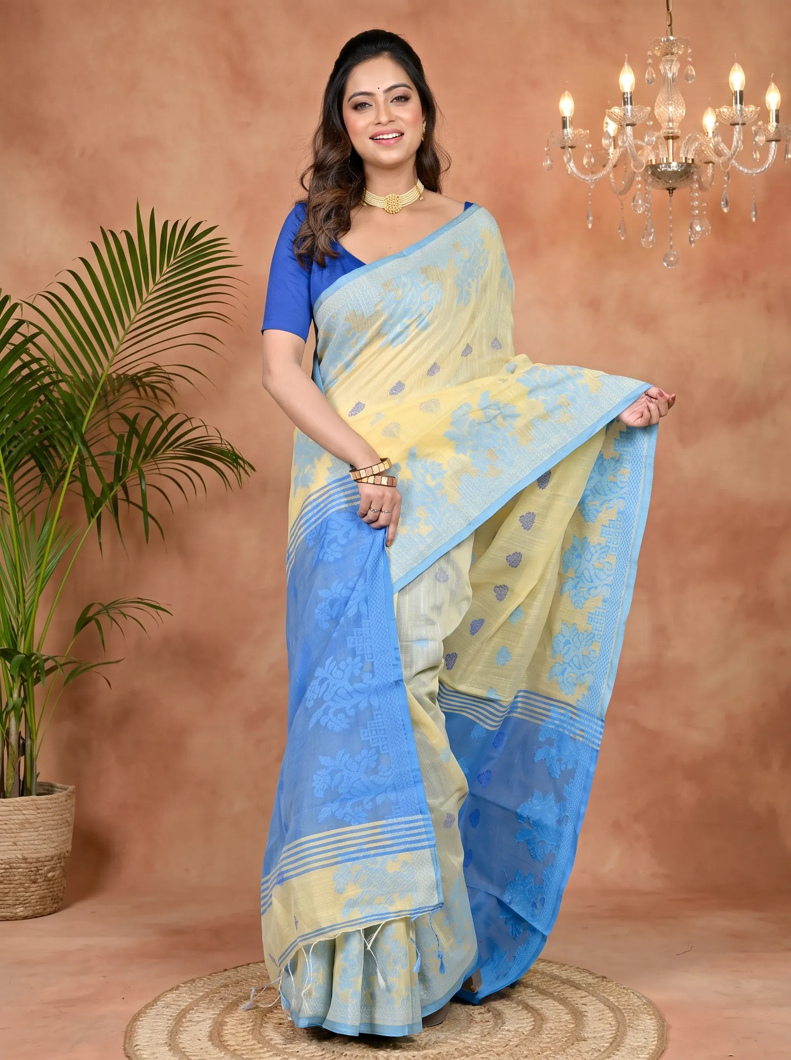 DipDiya Cotton Blended Yellow Blue Parup Handloom Heritage Handloom Sarees