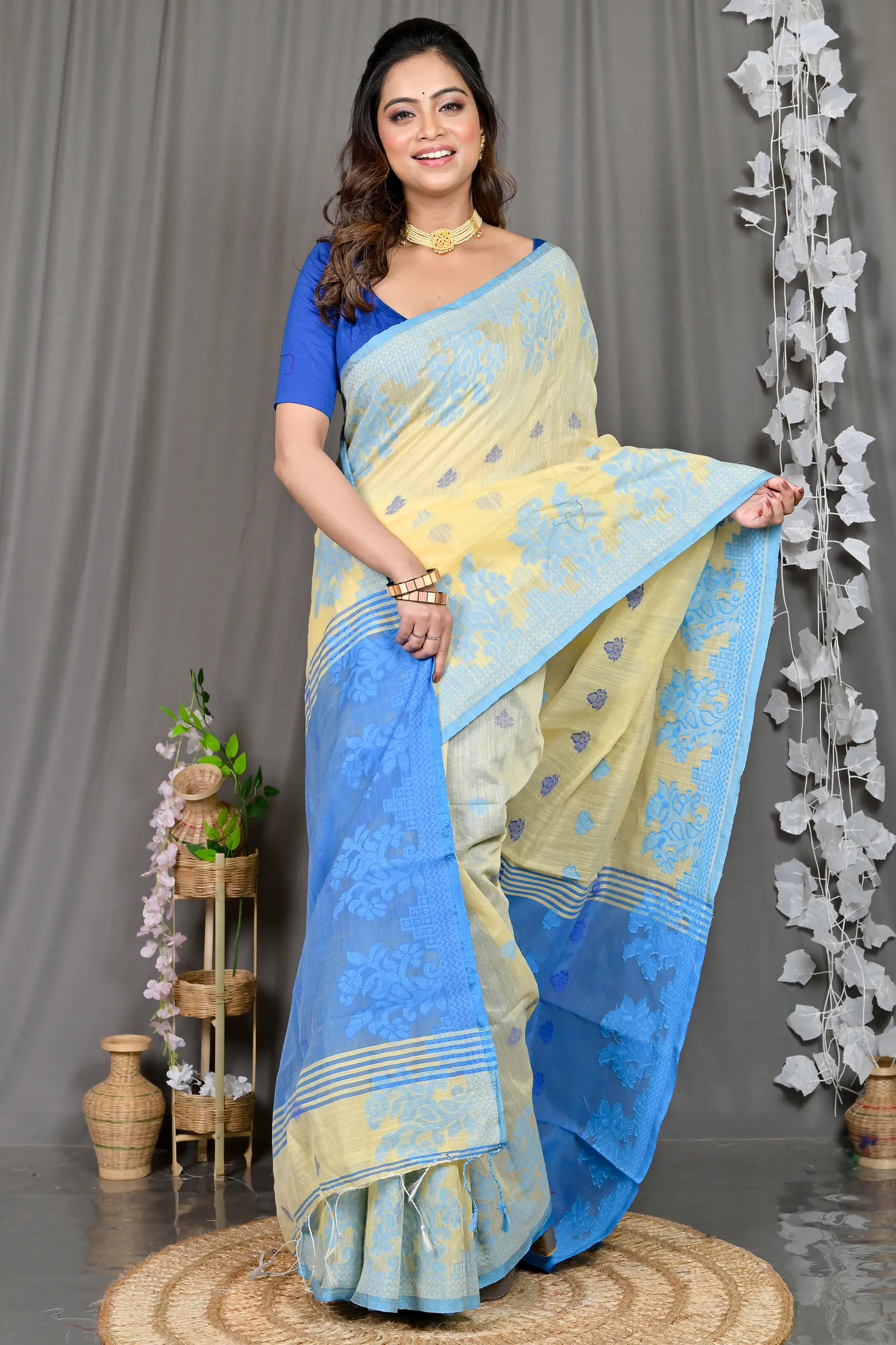 DipDiya Cotton Blended Yellow Blue Parup Handloom Heritage Handloom Sarees
