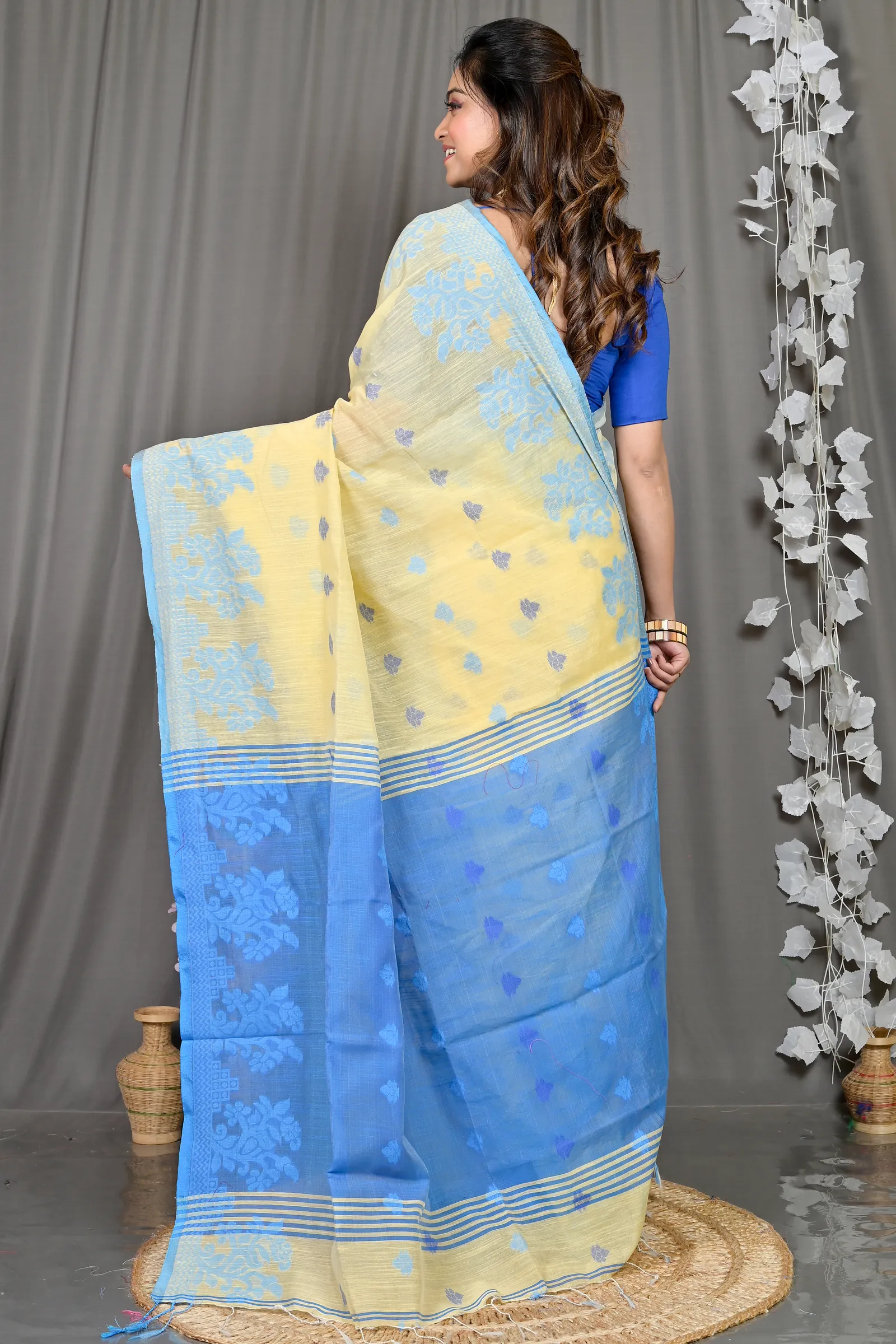 DipDiya Cotton Blended Yellow Blue Parup Handloom Heritage Handloom Sarees
