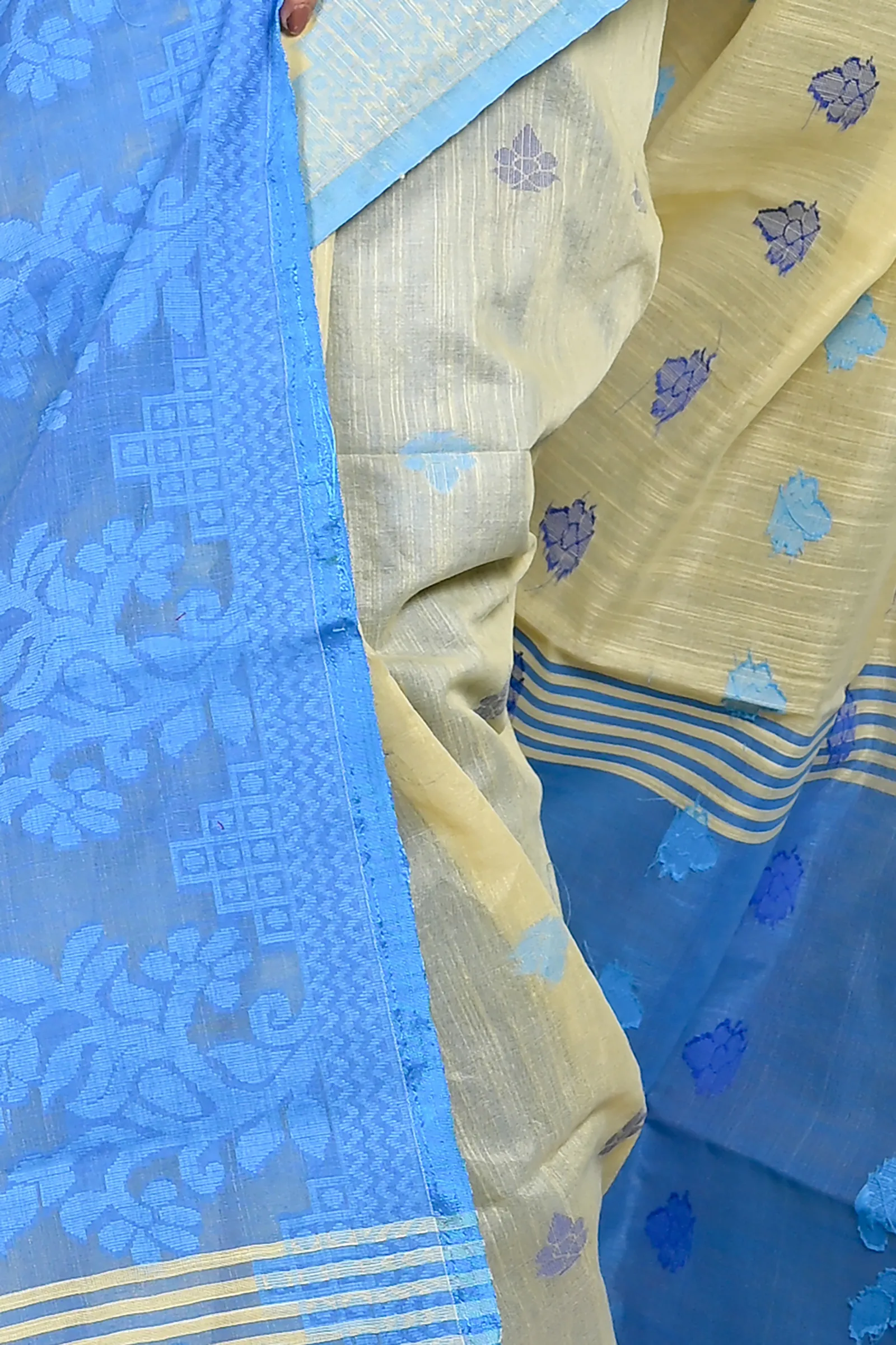 DipDiya Cotton Blended Yellow Blue Parup Handloom Heritage Handloom Sarees