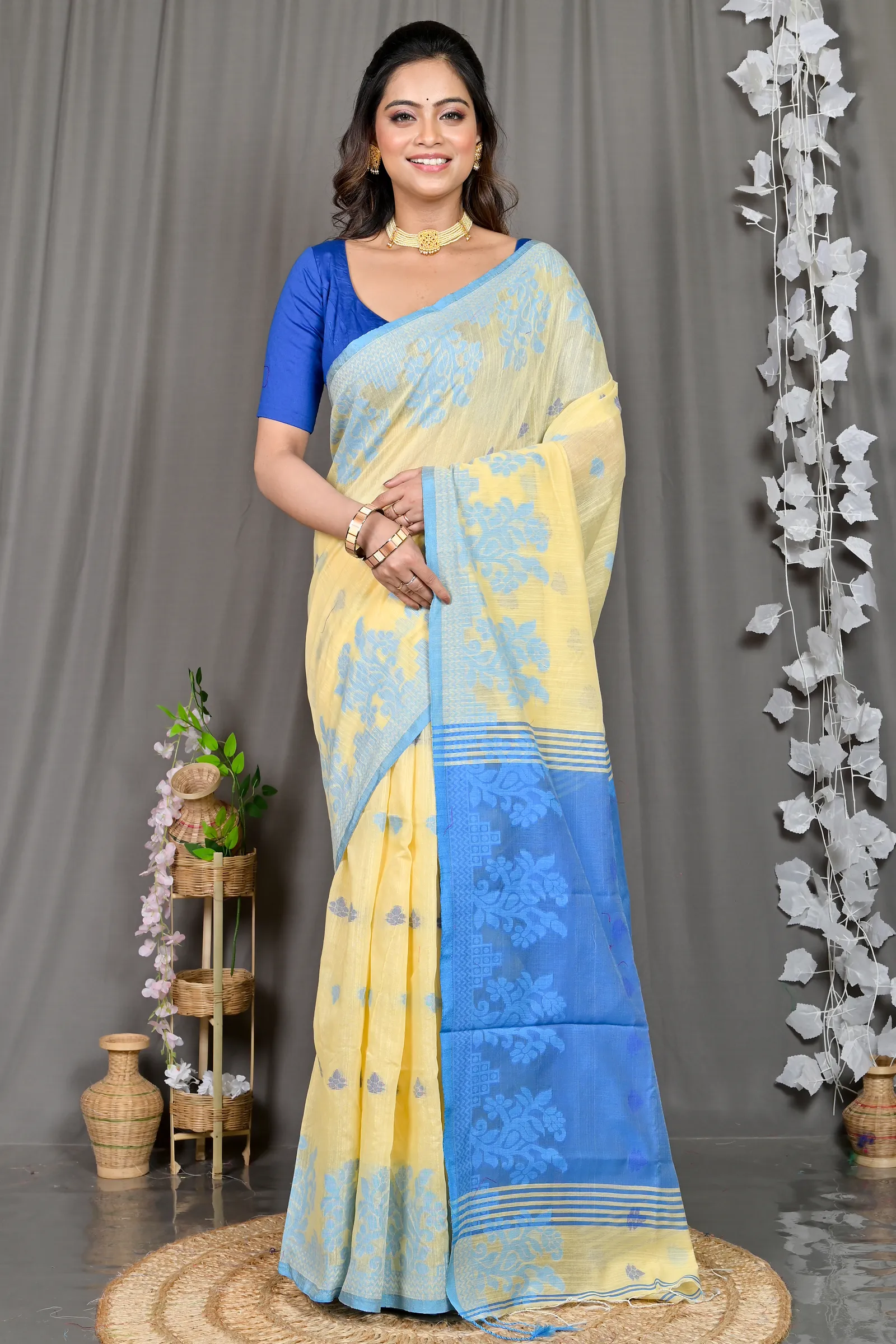 DipDiya Cotton Blended Yellow Blue Parup Handloom Heritage Handloom Sarees