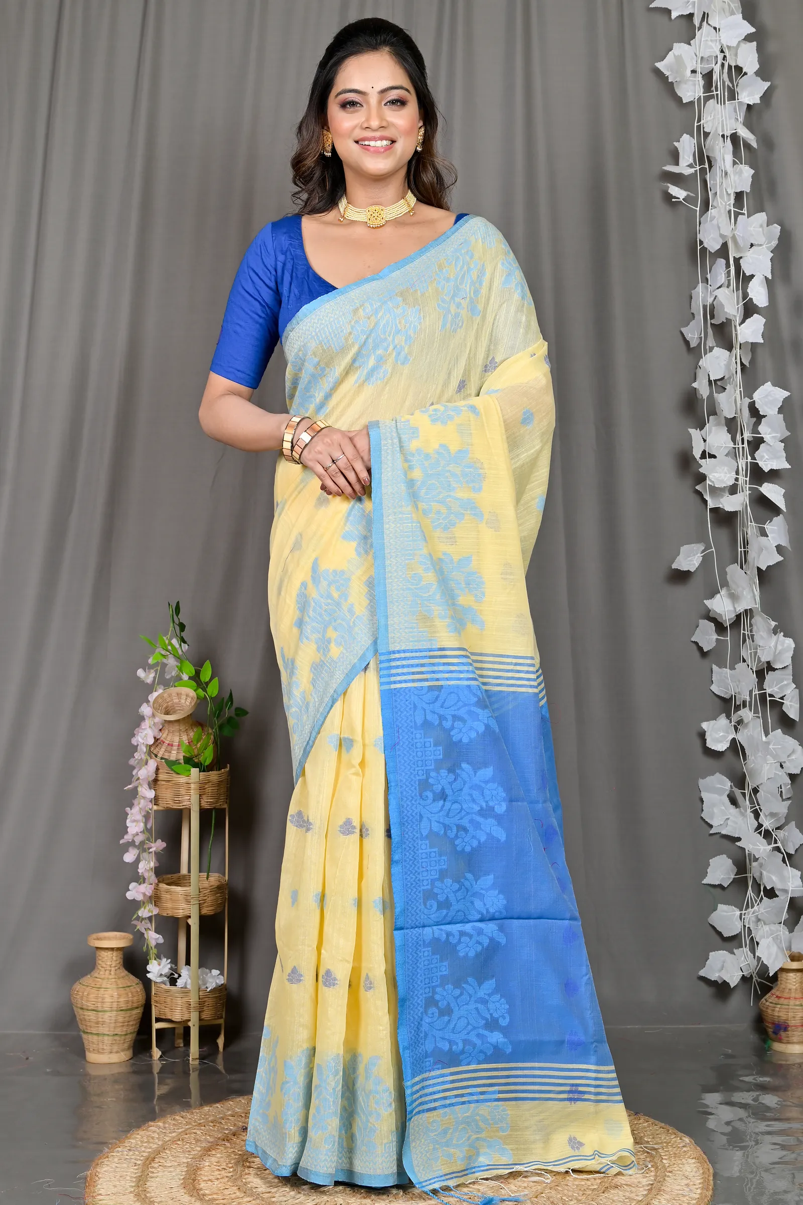 DipDiya Cotton Blended Yellow Blue Parup Handloom Heritage Handloom Sarees