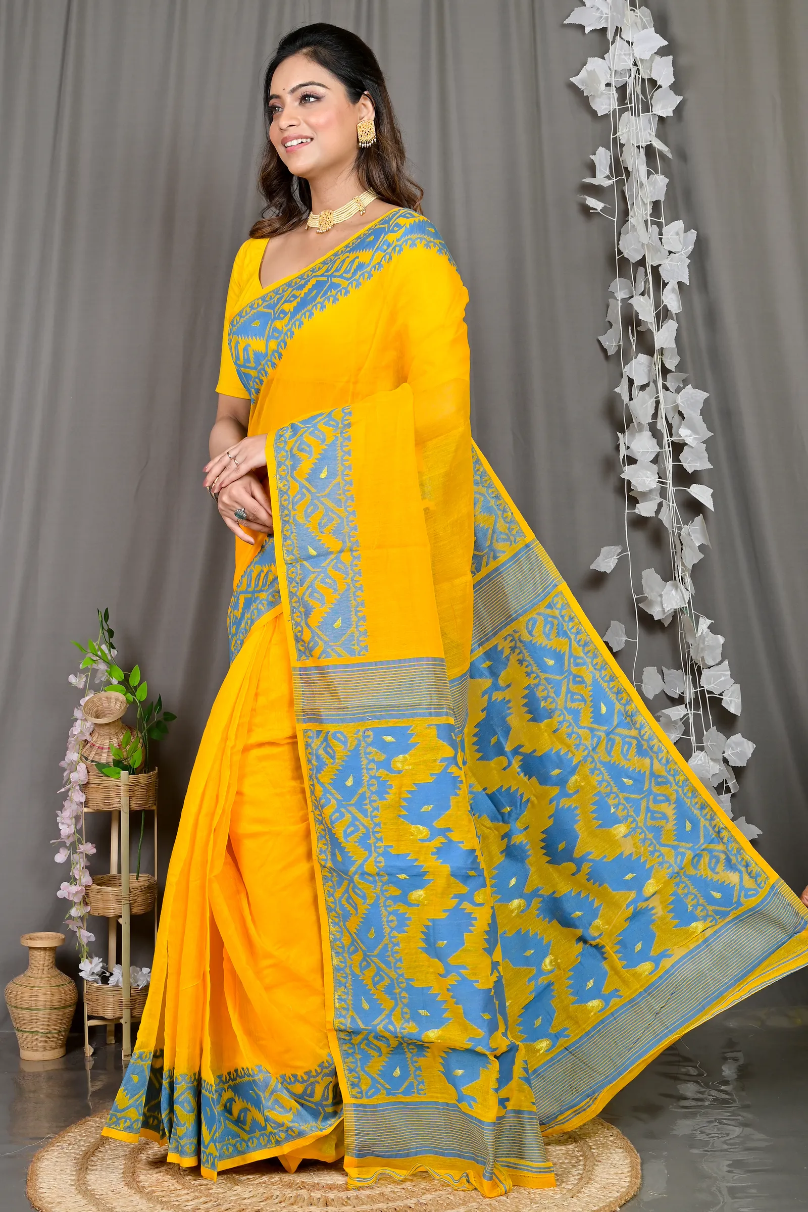 DipDiya Cotton Blended Yellow Blue Parv Masterfully Woven Jamdani Sarees