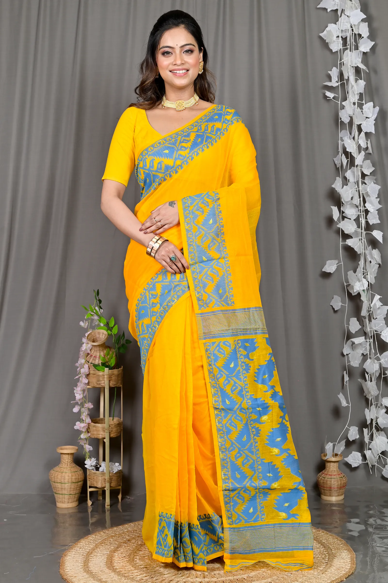 DipDiya Cotton Blended Yellow Blue Parv Masterfully Woven Jamdani Sarees