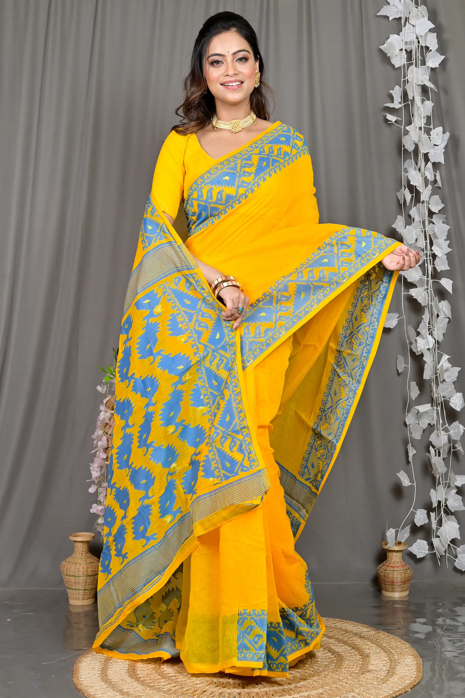 DipDiya Cotton Blended Yellow Blue Parv Masterfully Woven Jamdani Sarees