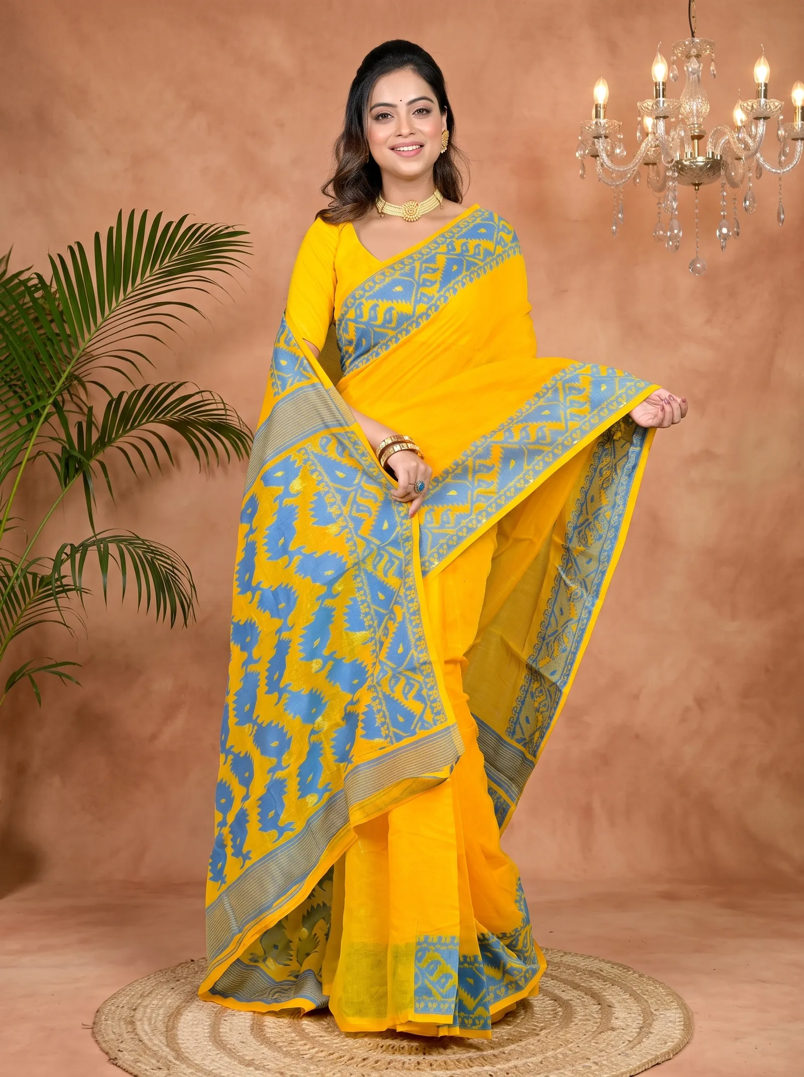 DipDiya Cotton Blended Yellow Blue Parv Masterfully Woven Jamdani Sarees