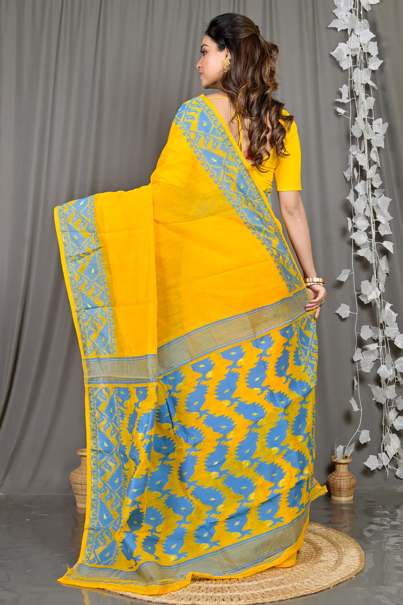 DipDiya Cotton Blended Yellow Blue Parv Masterfully Woven Jamdani Sarees